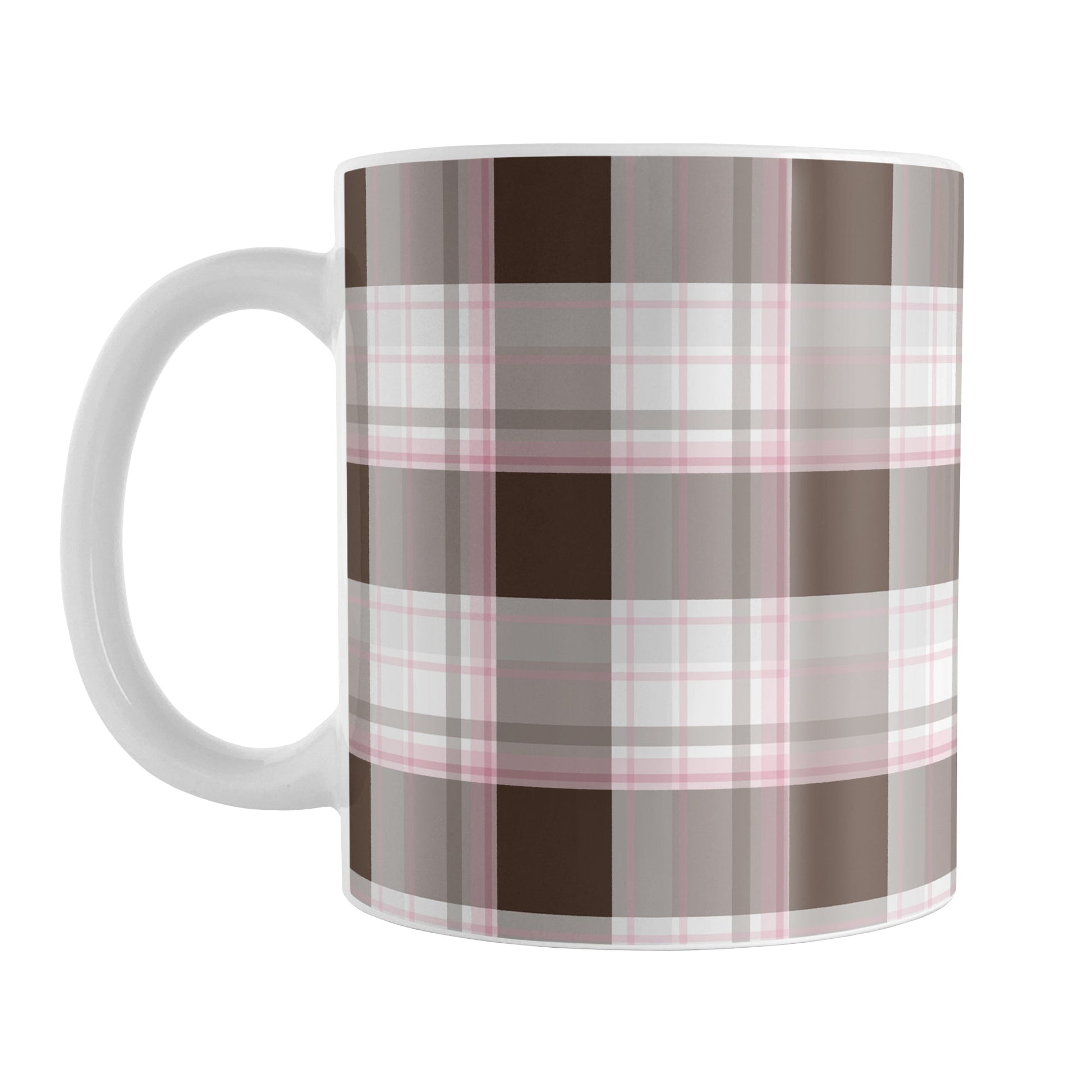 Brown Pink Plaid Mug (11oz) at Amy's Coffee Mugs. A ceramic coffee mug designed with a traditional plaid pattern in varying shades of brown with accents of pink that wraps around the mug up to the handle.