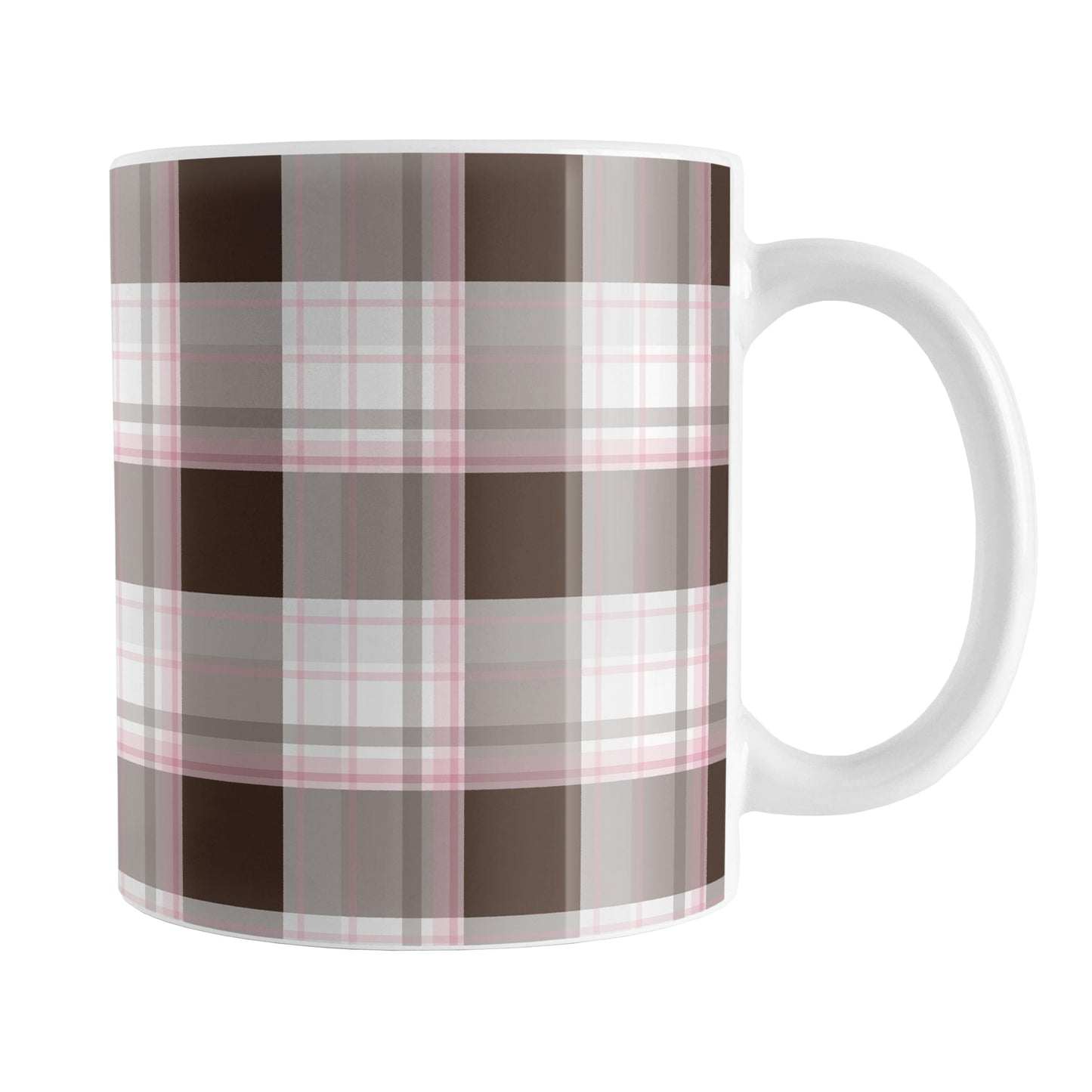 Brown Pink Plaid Mug (11oz) at Amy's Coffee Mugs. A ceramic coffee mug designed with a traditional plaid pattern in varying shades of brown with accents of pink that wraps around the mug up to the handle.