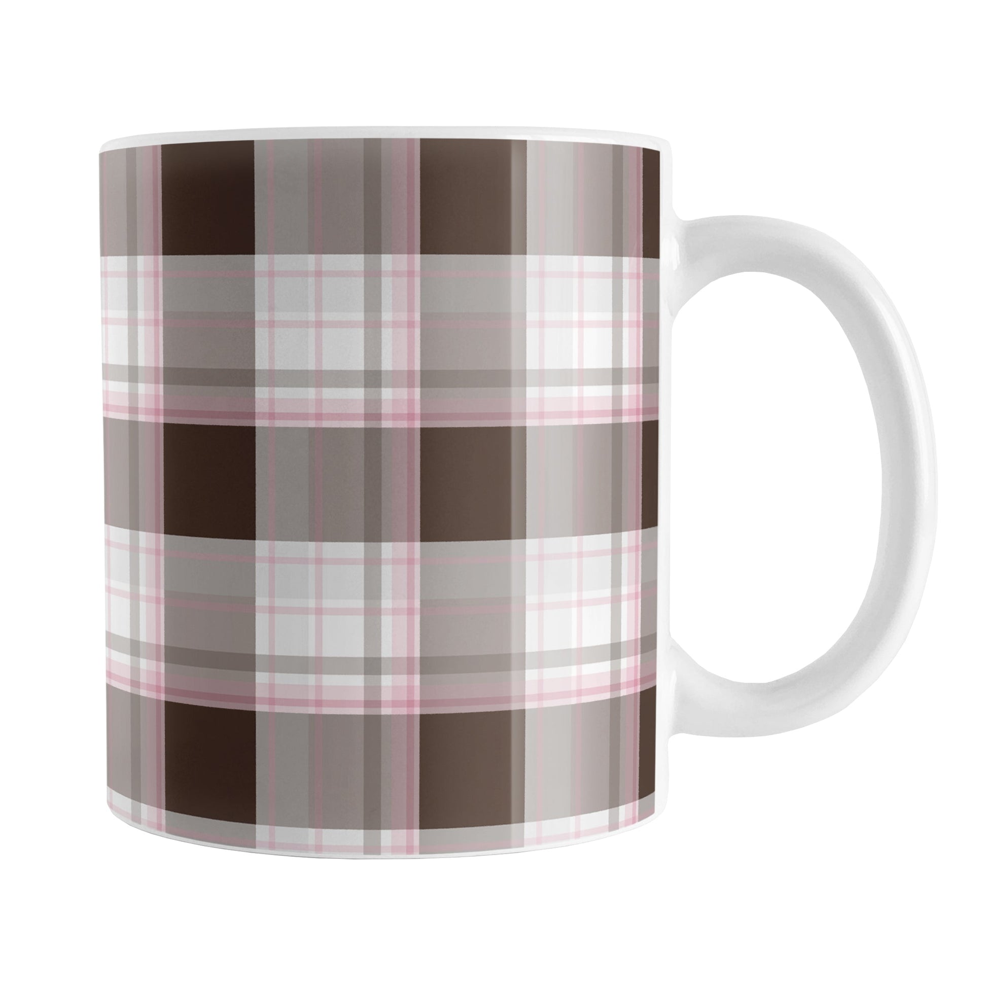 Brown Pink Plaid Mug (11oz) at Amy's Coffee Mugs. A ceramic coffee mug designed with a traditional plaid pattern in varying shades of brown with accents of pink that wraps around the mug up to the handle.