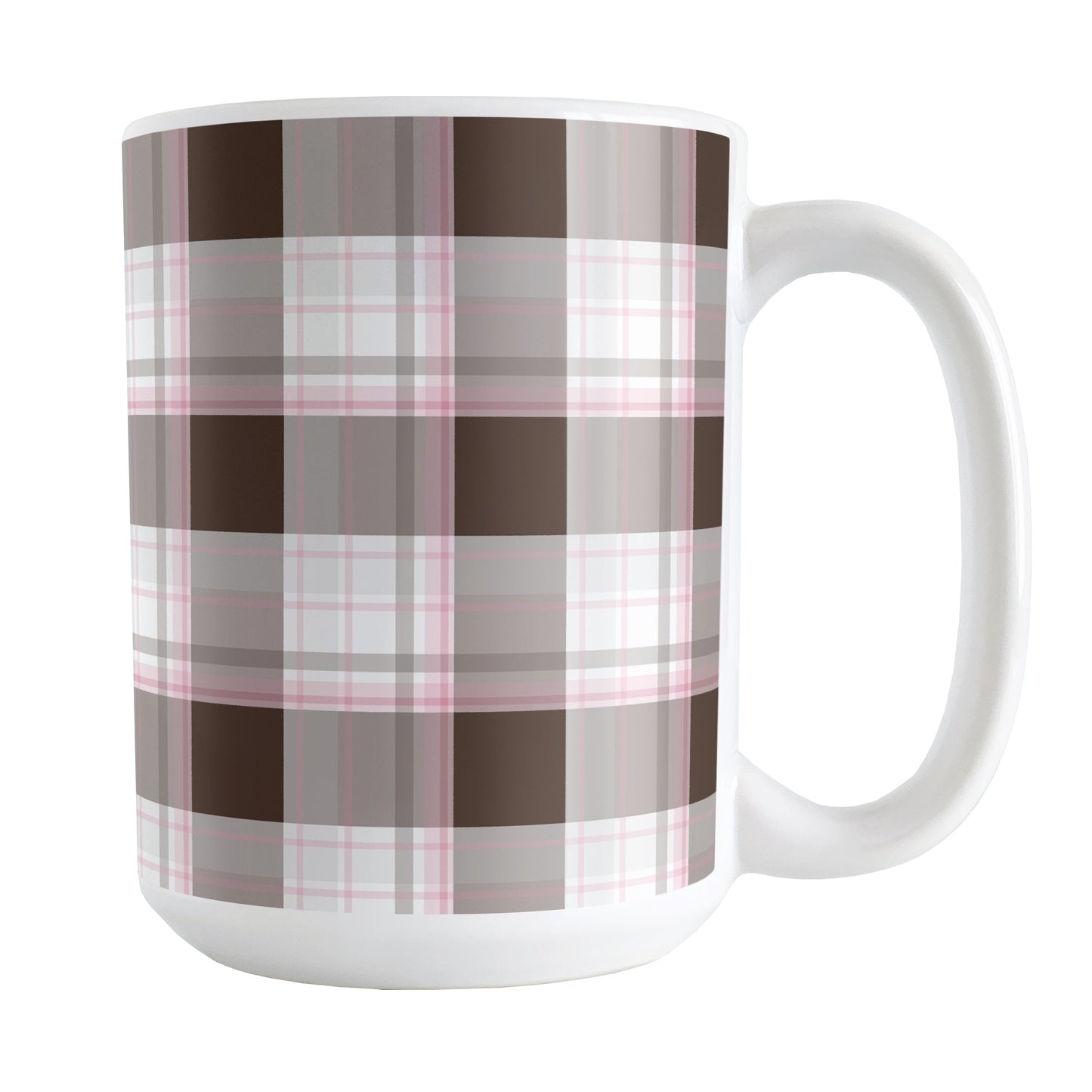 Brown Pink Plaid Mug (15oz) at Amy's Coffee Mugs. A ceramic coffee mug designed with a traditional plaid pattern in varying shades of brown with accents of pink that wraps around the mug up to the handle.