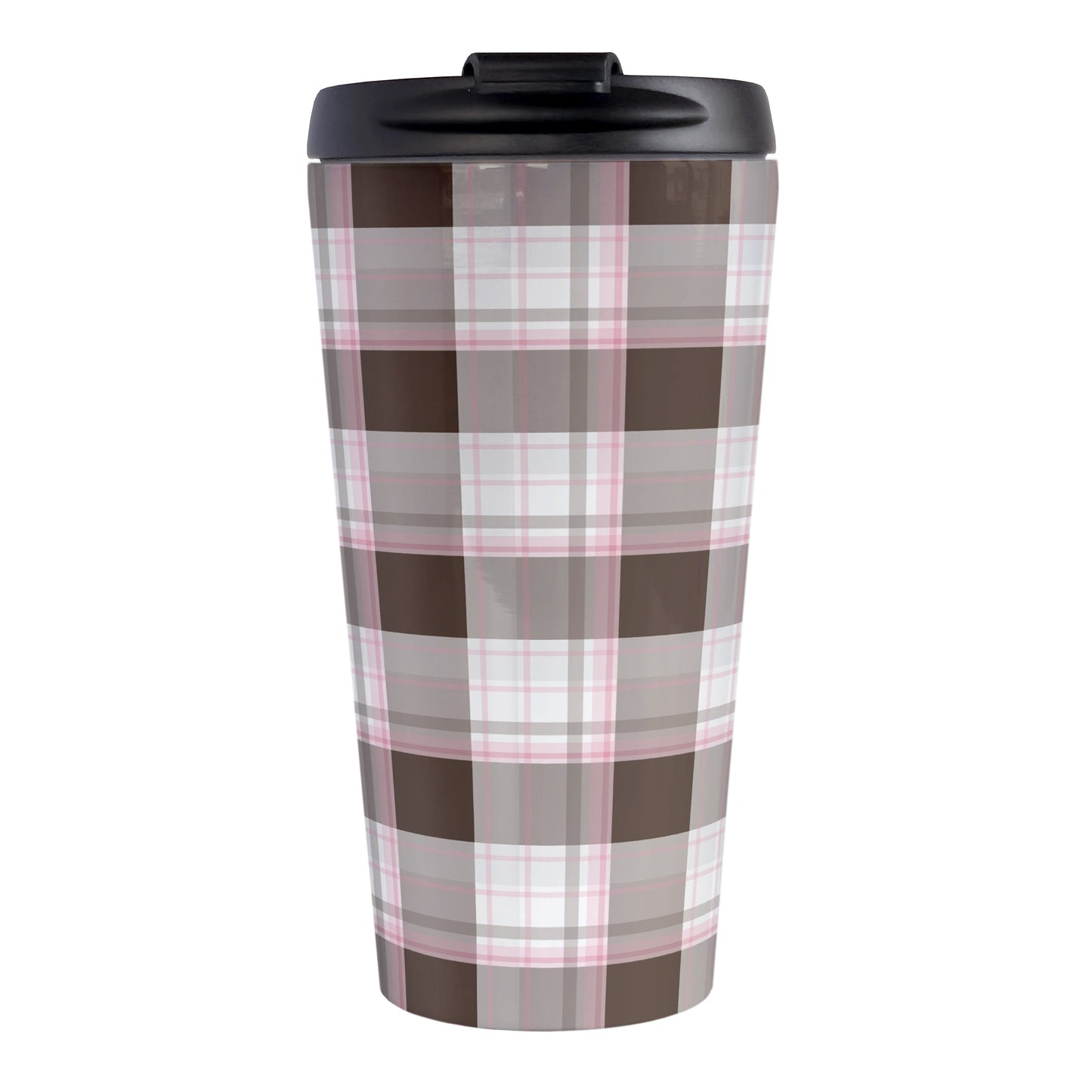 Brown Pink Plaid Travel Mug (15oz, stainless steel insulated) at Amy's Coffee Mugs. A travel mug designed with a traditional plaid pattern in varying shades of brown with accents of pink that wraps around the travel mug.