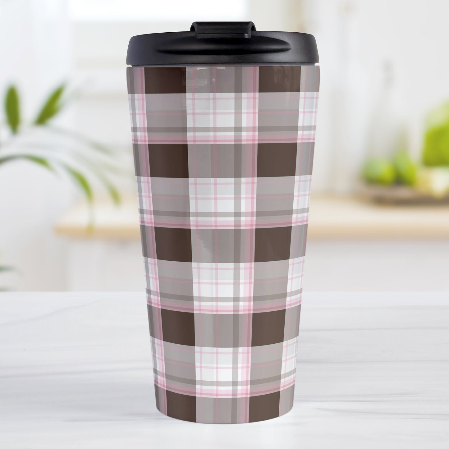 Brown Pink Plaid Travel Mug (15oz, stainless steel insulated) at Amy's Coffee Mugs. A travel mug designed with a traditional plaid pattern in varying shades of brown with accents of pink that wraps around the travel mug.