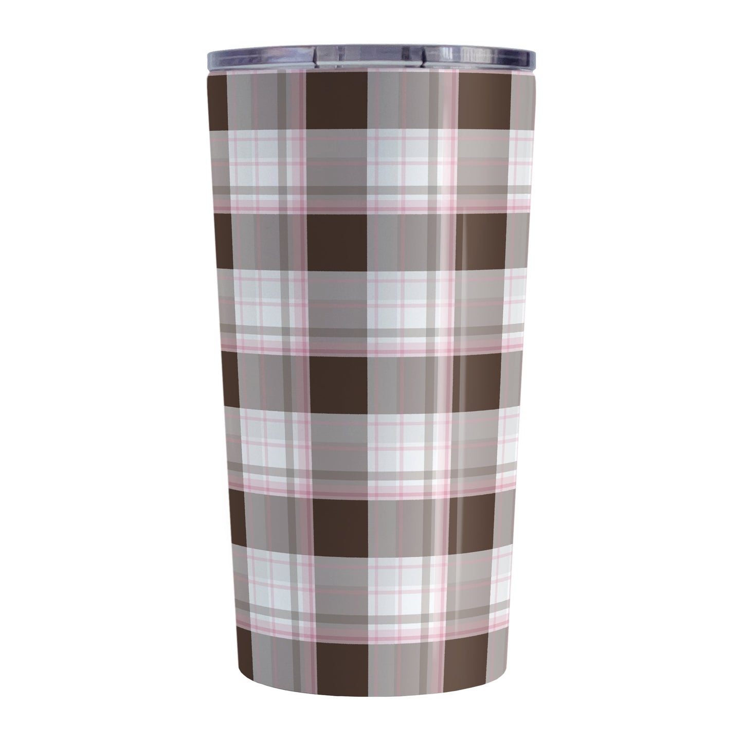 Brown Pink Plaid Tumbler Cup (20oz) at Amy's Coffee Mugs. A stainless steel insulated tumbler cup designed with a brown plaid pattern with pink accents that wraps around the cup.