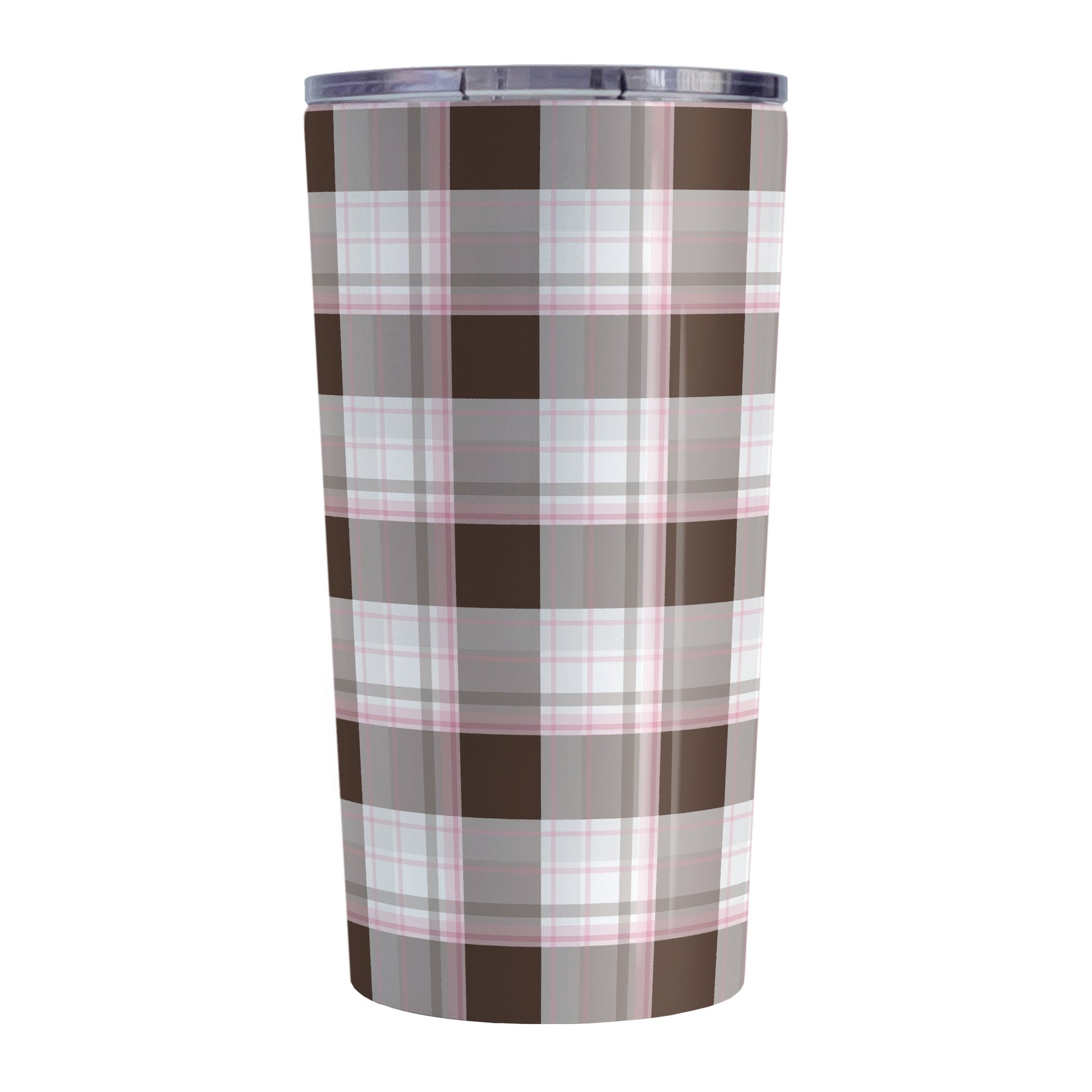 Brown Pink Plaid Tumbler Cup (20oz) at Amy's Coffee Mugs. A stainless steel insulated tumbler cup designed with a brown plaid pattern with pink accents that wraps around the cup.