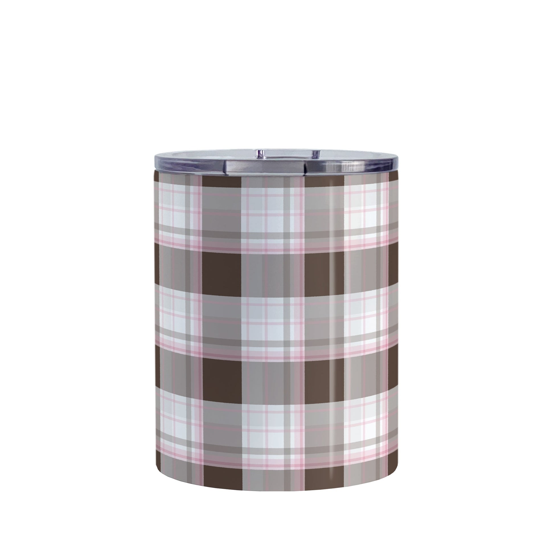 Brown Pink Plaid Tumbler Cup (10oz) at Amy's Coffee Mugs. A stainless steel insulated tumbler cup designed with a brown plaid pattern with pink accents that wraps around the cup.