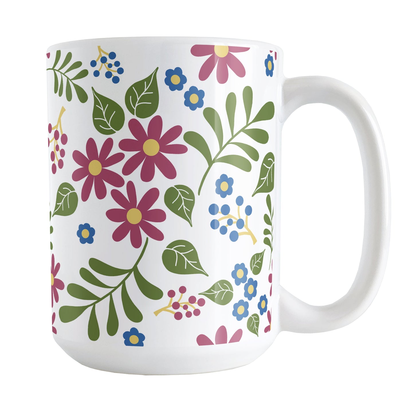 Burgundy Blue Green Flowers Pattern Mug (15oz) at Amy's Coffee Mugs. A ceramic coffee mug designed with pretty flowers in burgundy and blue with green leaves in a pattern that wraps around the mug up to the handle.