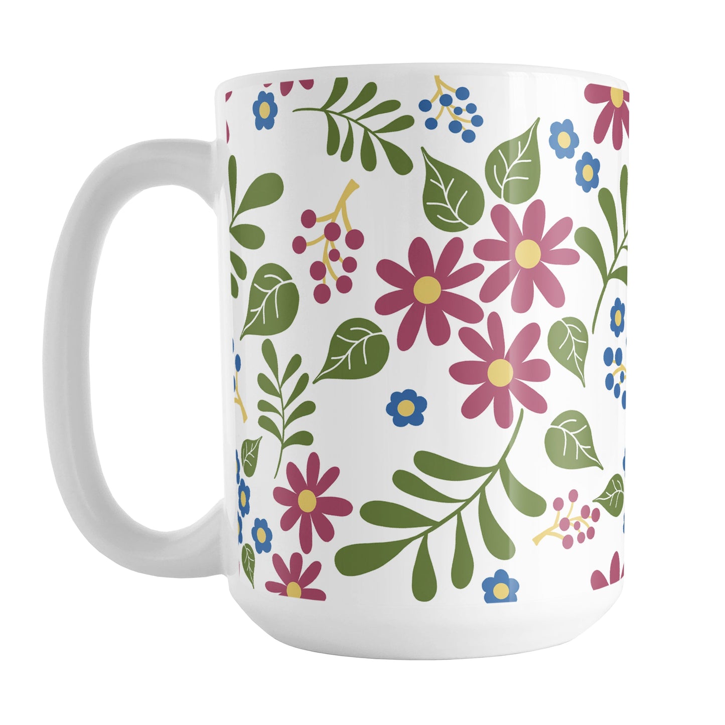 Burgundy Blue Green Flowers Pattern Mug (15oz) at Amy's Coffee Mugs. A ceramic coffee mug designed with pretty flowers in burgundy and blue with green leaves in a pattern that wraps around the mug up to the handle.