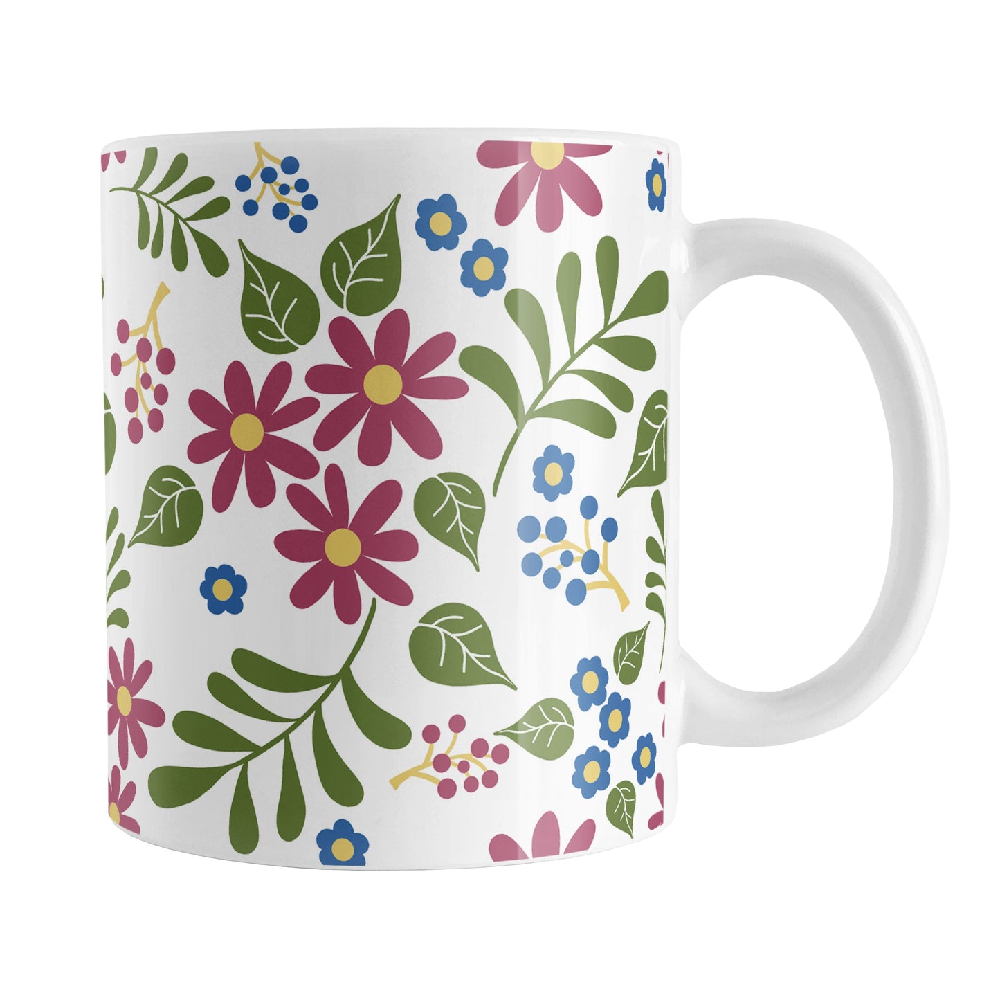 Burgundy Blue Green Flowers Pattern Mug (11oz) at Amy's Coffee Mugs. A ceramic coffee mug designed with pretty flowers in burgundy and blue with green leaves in a pattern that wraps around the mug up to the handle.