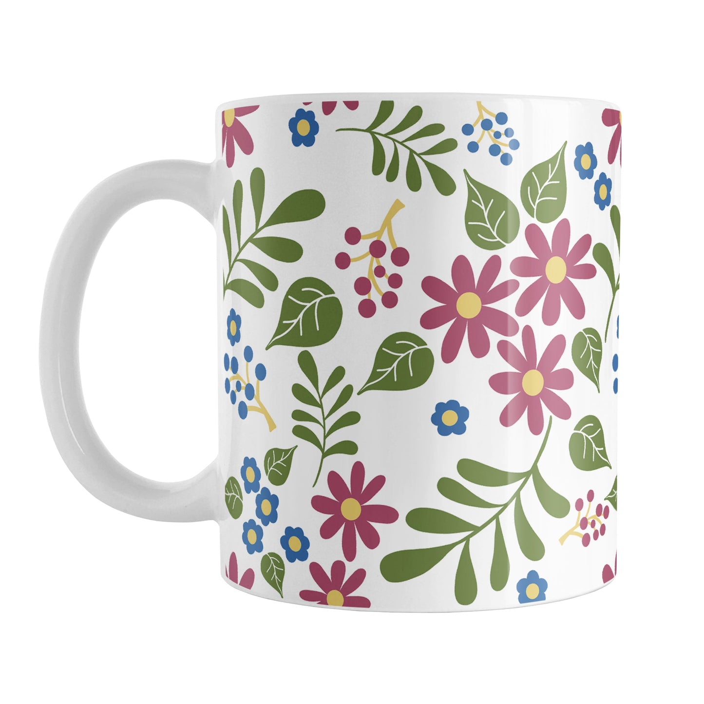 Burgundy Blue Green Flowers Pattern Mug (11oz) at Amy's Coffee Mugs. A ceramic coffee mug designed with pretty flowers in burgundy and blue with green leaves in a pattern that wraps around the mug up to the handle.