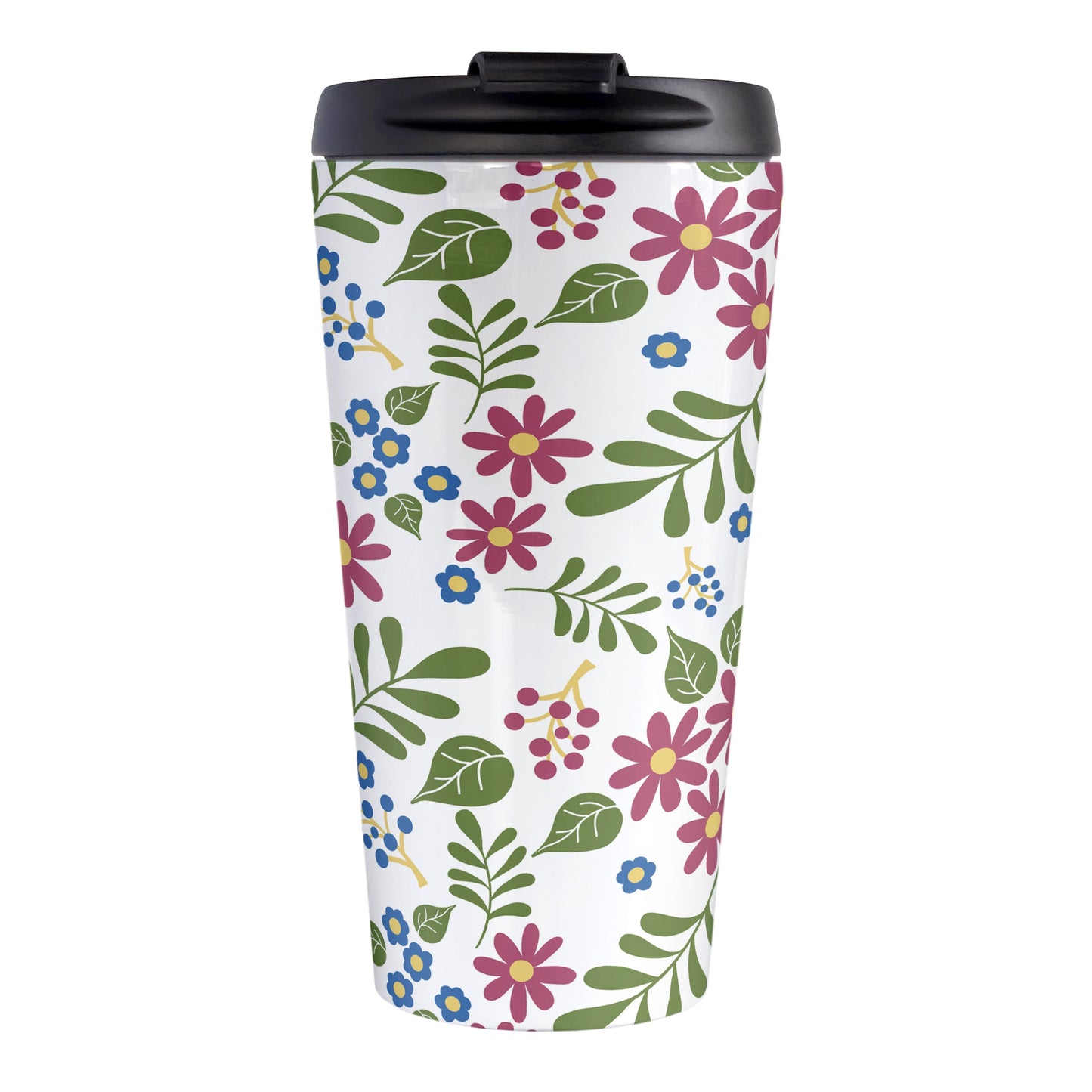 Burgundy Blue Green Flowers Pattern Travel Mug (15oz, stainless steel insulated) at Amy's Coffee Mugs. A travel mug designed with pretty flowers in burgundy and blue with green leaves in a pattern that wraps around the travel mug.