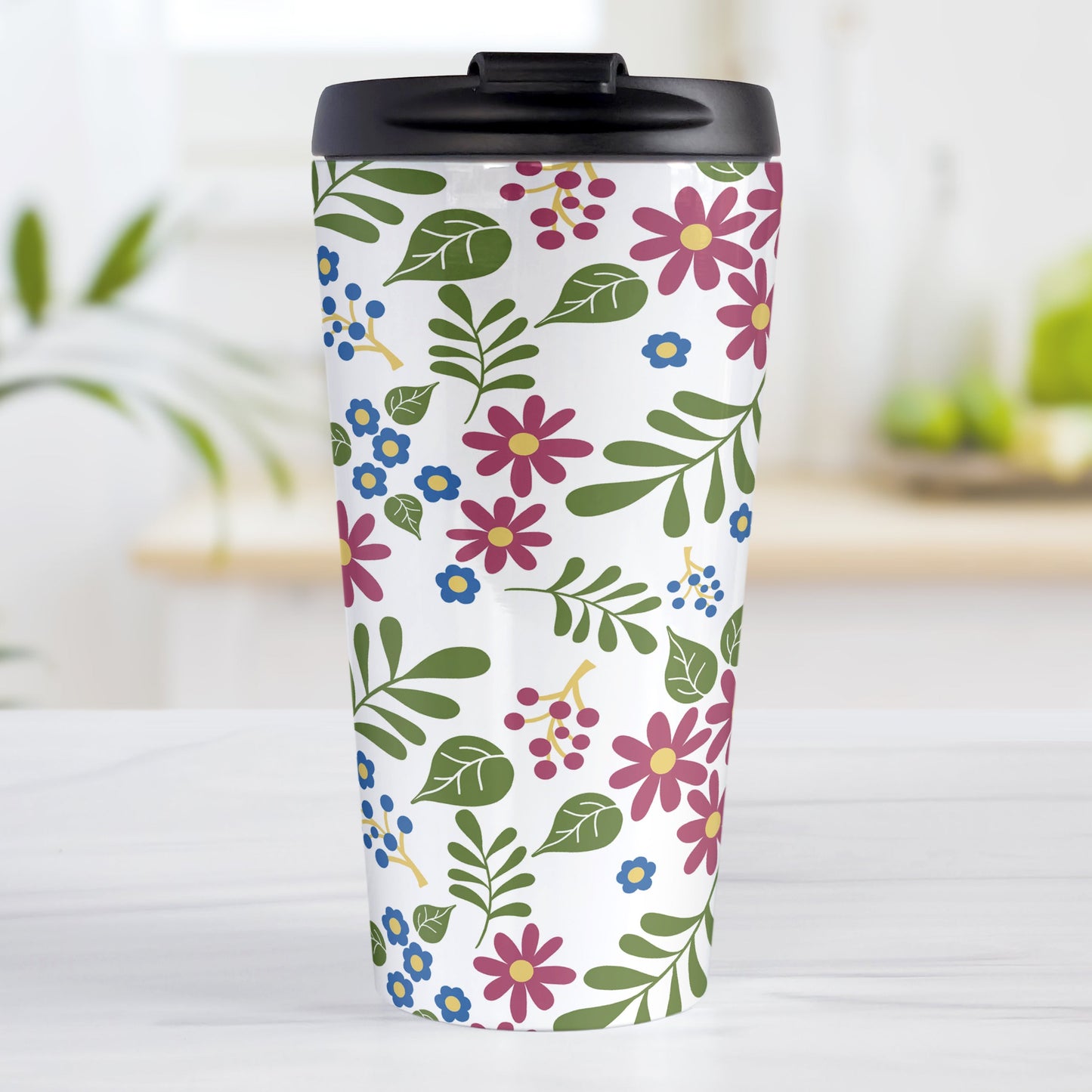 Burgundy Blue Green Flowers Pattern Travel Mug (15oz, stainless steel insulated) at Amy's Coffee Mugs. A travel mug designed with pretty flowers in burgundy and blue with green leaves in a pattern that wraps around the travel mug.