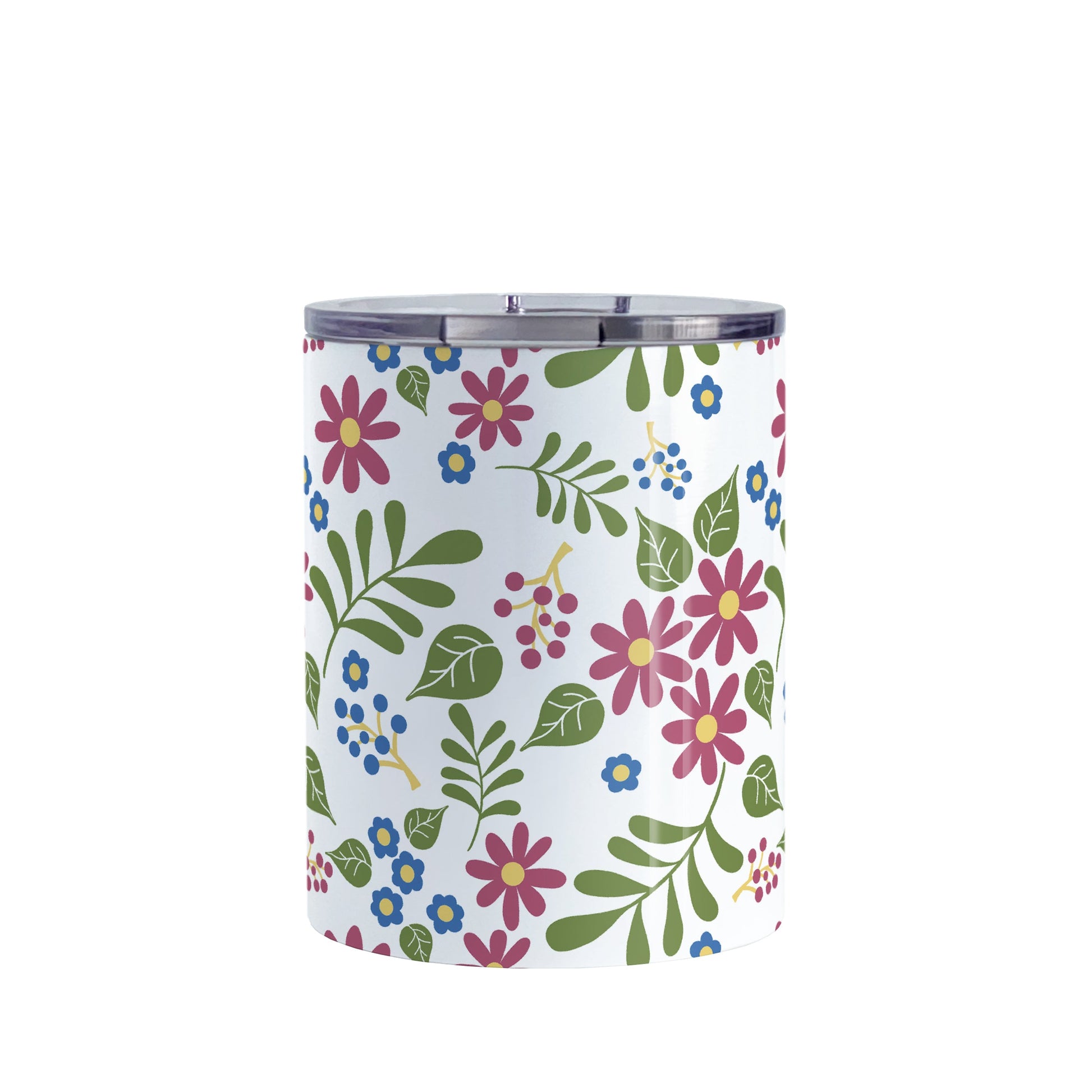 Burgundy Blue Green Flowers Pattern Tumbler Cup (10oz, stainless steel insulated) at Amy's Coffee Mugs. A tumbler cup designed with pretty flowers in burgundy and blue with green leaves in a pattern that wraps around the cup.
