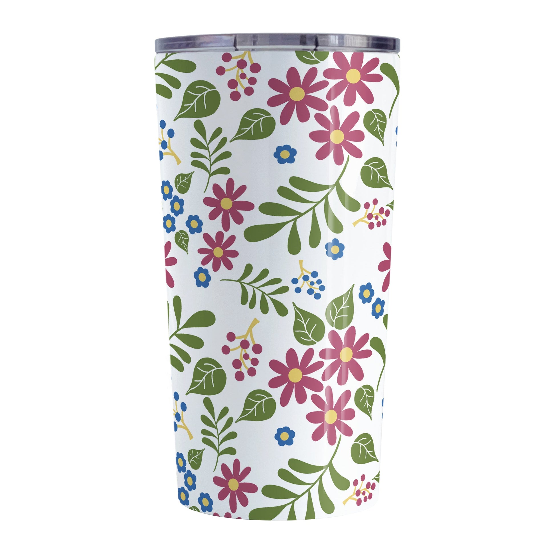 Burgundy Blue Green Flowers Pattern Tumbler Cup (20oz, stainless steel insulated) at Amy's Coffee Mugs. A tumbler cup designed with pretty flowers in burgundy and blue with green leaves in a pattern that wraps around the cup.