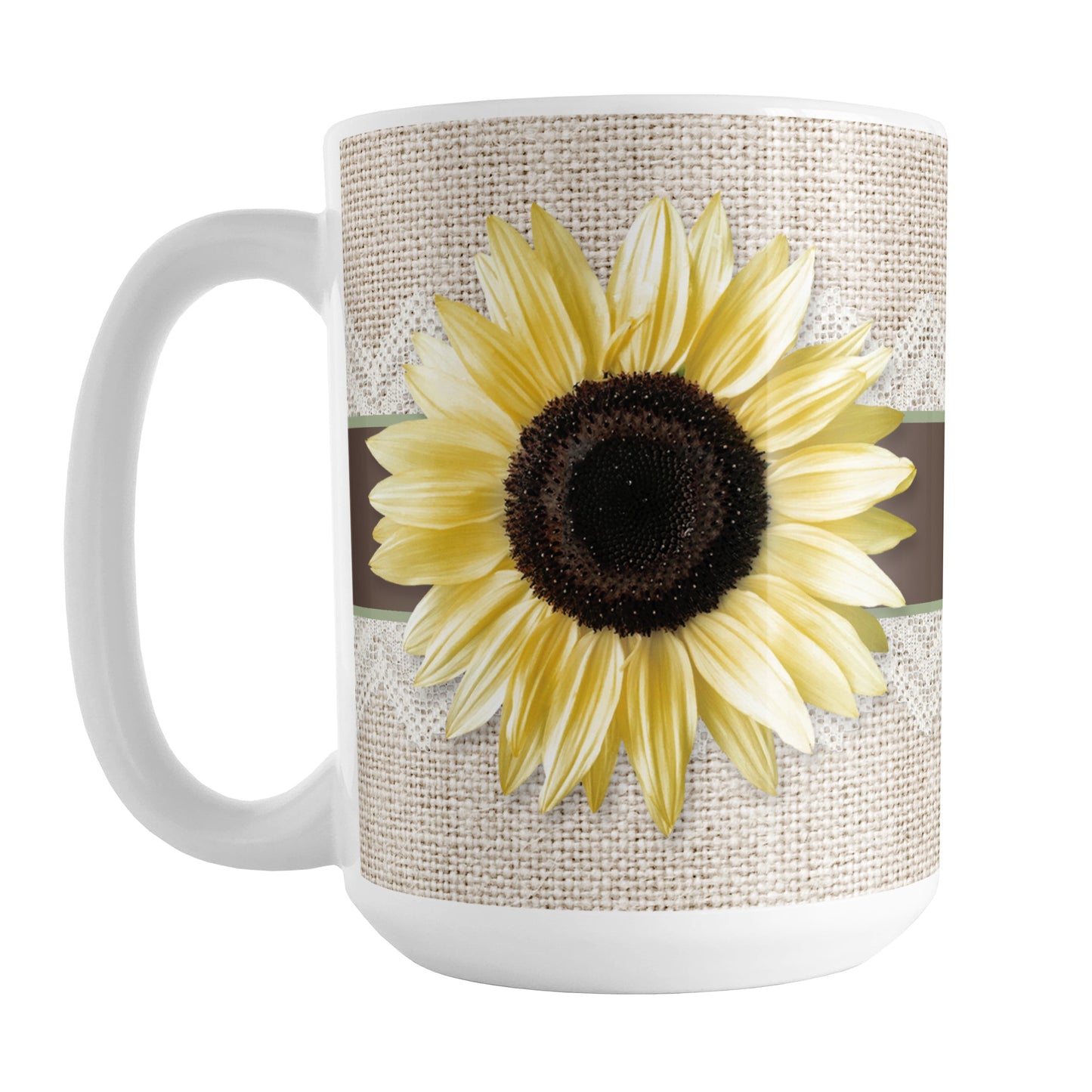 Burlap and Lace Brown Sage Sunflower Mug (15oz) at Amy's Coffee Mugs. A ceramic coffee mug designed with a yellow sunlfower on both sides of the mug over a brown and sage ribbon illustration wrapping around a burlap and lace background that wraps around the mug up to the handle.