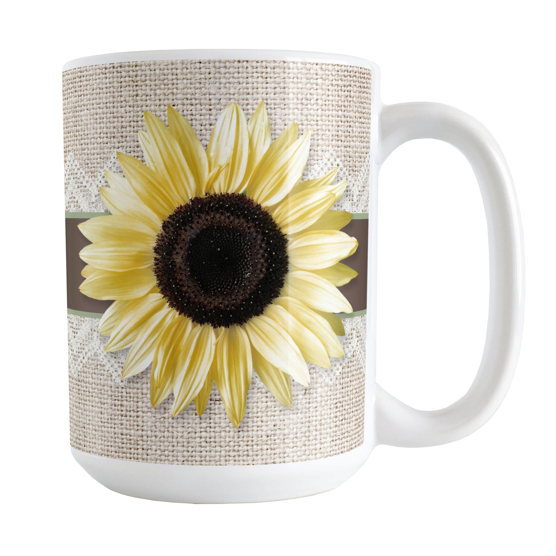Burlap and Lace Brown Sage Sunflower Mug (15oz) at Amy's Coffee Mugs. A ceramic coffee mug designed with a yellow sunlfower on both sides of the mug over a brown and sage ribbon illustration wrapping around a burlap and lace background that wraps around the mug up to the handle.