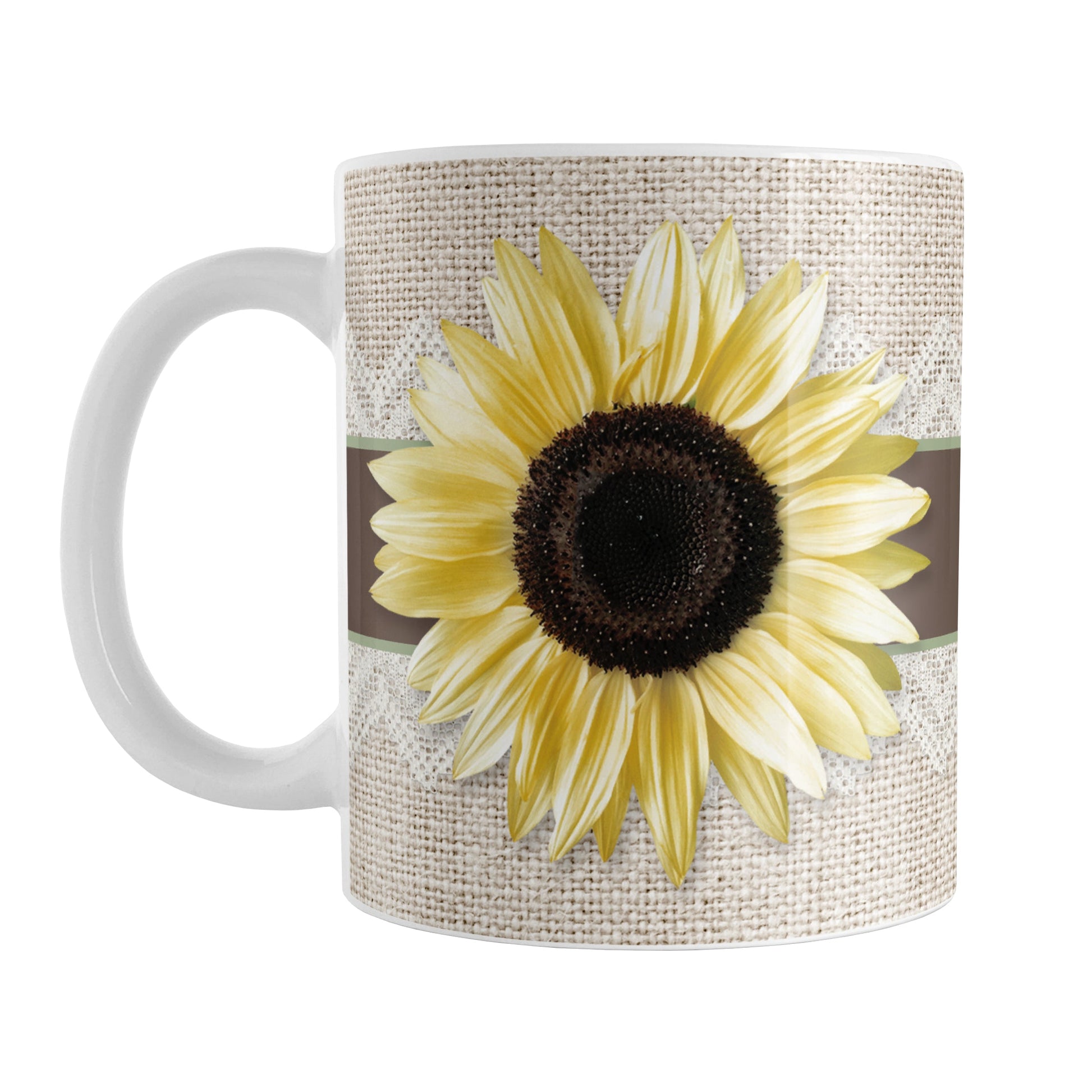 Burlap and Lace Brown Sage Sunflower Mug (11oz) at Amy's Coffee Mugs. A ceramic coffee mug designed with a yellow sunlfower on both sides of the mug over a brown and sage ribbon illustration wrapping around a burlap and lace background that wraps around the mug up to the handle.