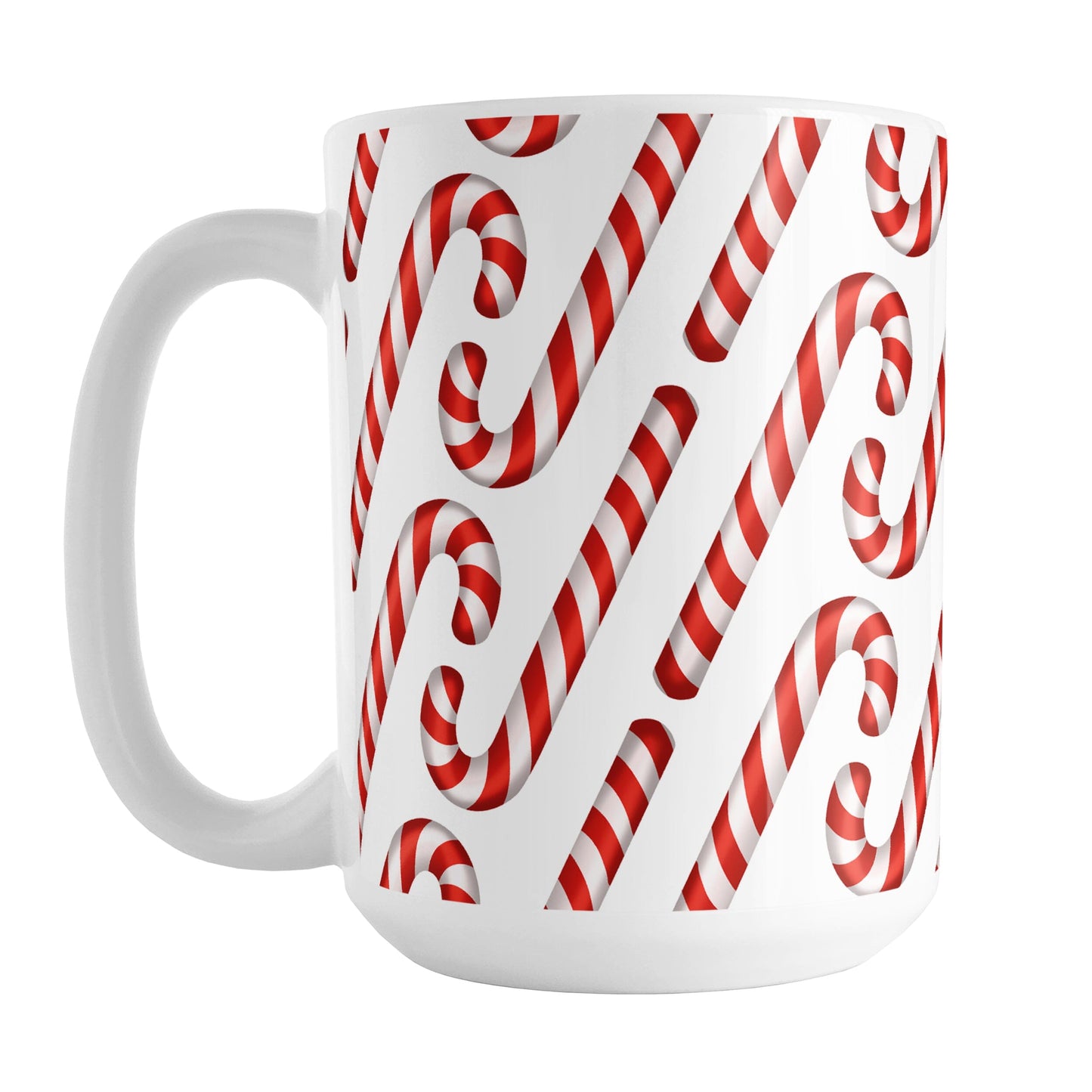 Candy Cane Pattern Mug (15oz) at Amy's Coffee Mugs. A ceramic coffee mug designed with a pattern of red and white striped candy canes that wraps around the mug to the handle.