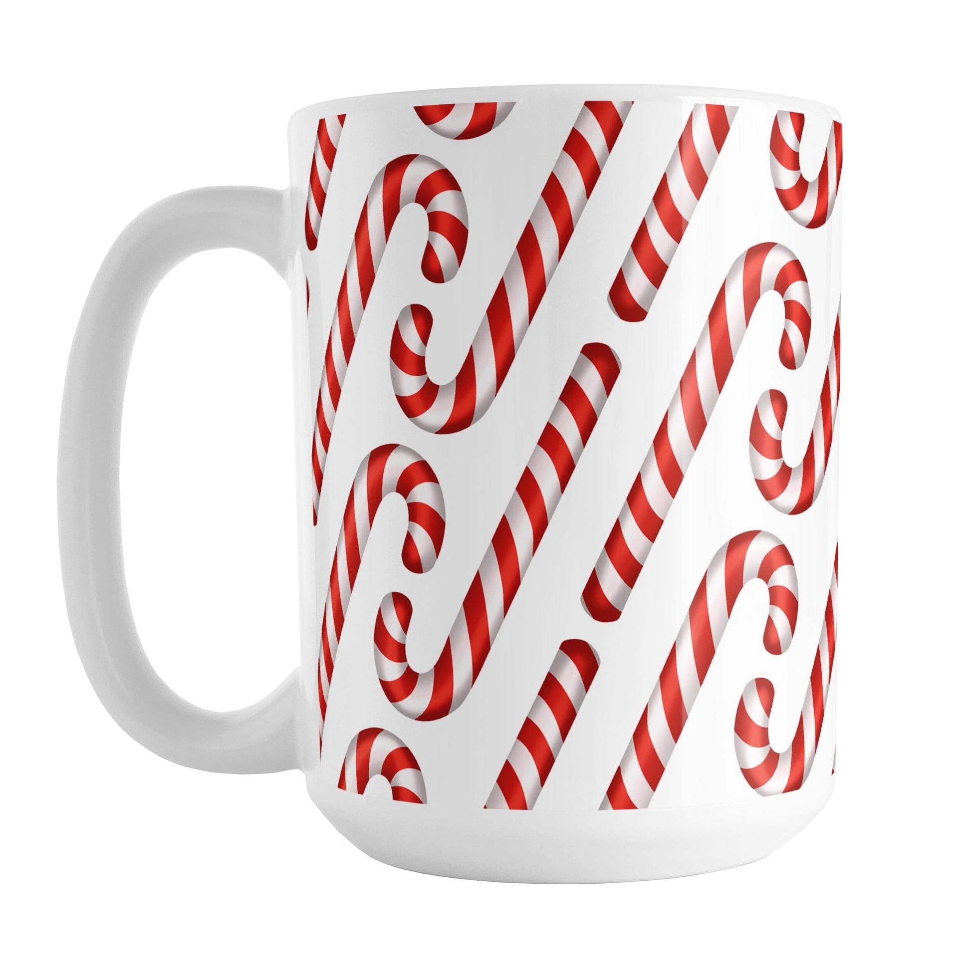 Candy Cane Pattern Mug (15oz) at Amy's Coffee Mugs. A ceramic coffee mug designed with a pattern of red and white striped candy canes that wraps around the mug to the handle.