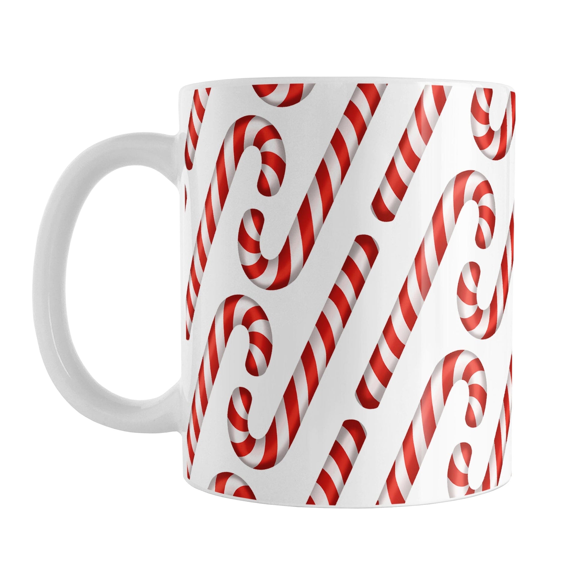 Candy Cane Pattern Mug (11oz) at Amy's Coffee Mugs. A ceramic coffee mug designed with a pattern of red and white striped candy canes that wraps around the mug to the handle.
