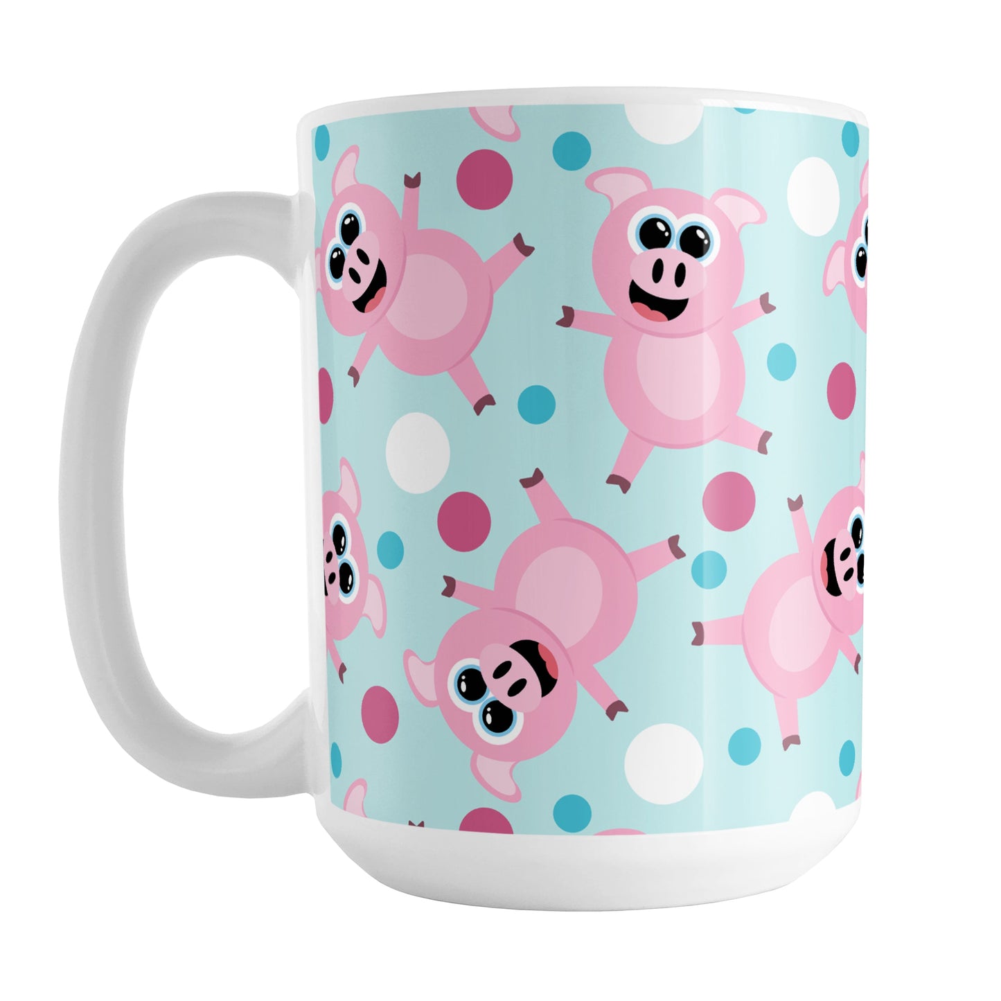 Cute Cartoon Pink Pig Blue Mug (15oz) at Amy's Coffee Mugs. A ceramic coffee mug designed with a pattern of cute and happy pink cartoon pigs with fuchsia pink, white, and blue dots over a light blue background that wraps around the mug up to the handle.