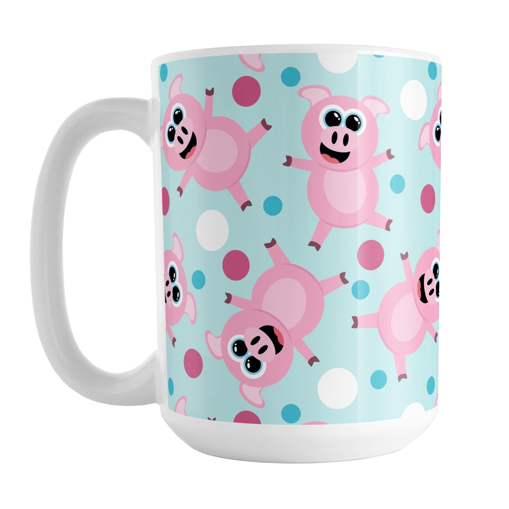 Cute Cartoon Pink Pig Blue Mug (15oz) at Amy's Coffee Mugs. A ceramic coffee mug designed with a pattern of cute and happy pink cartoon pigs with fuchsia pink, white, and blue dots over a light blue background that wraps around the mug up to the handle.