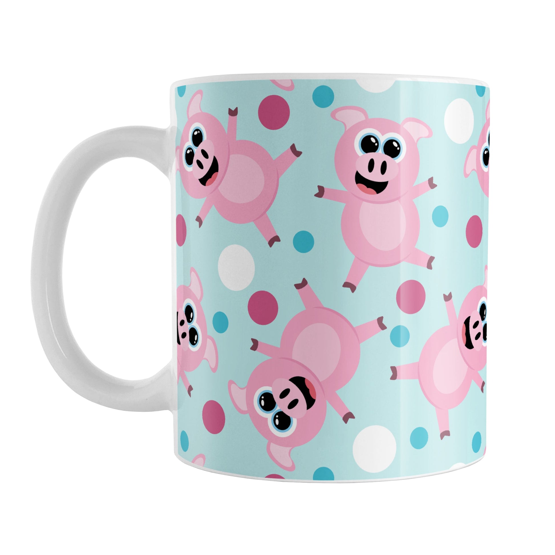 Cute Cartoon Pink Pig Blue Mug (11oz) at Amy's Coffee Mugs. A ceramic coffee mug designed with a pattern of cute and happy pink cartoon pigs with fuchsia pink, white, and blue dots over a light blue background that wraps around the mug up to the handle.