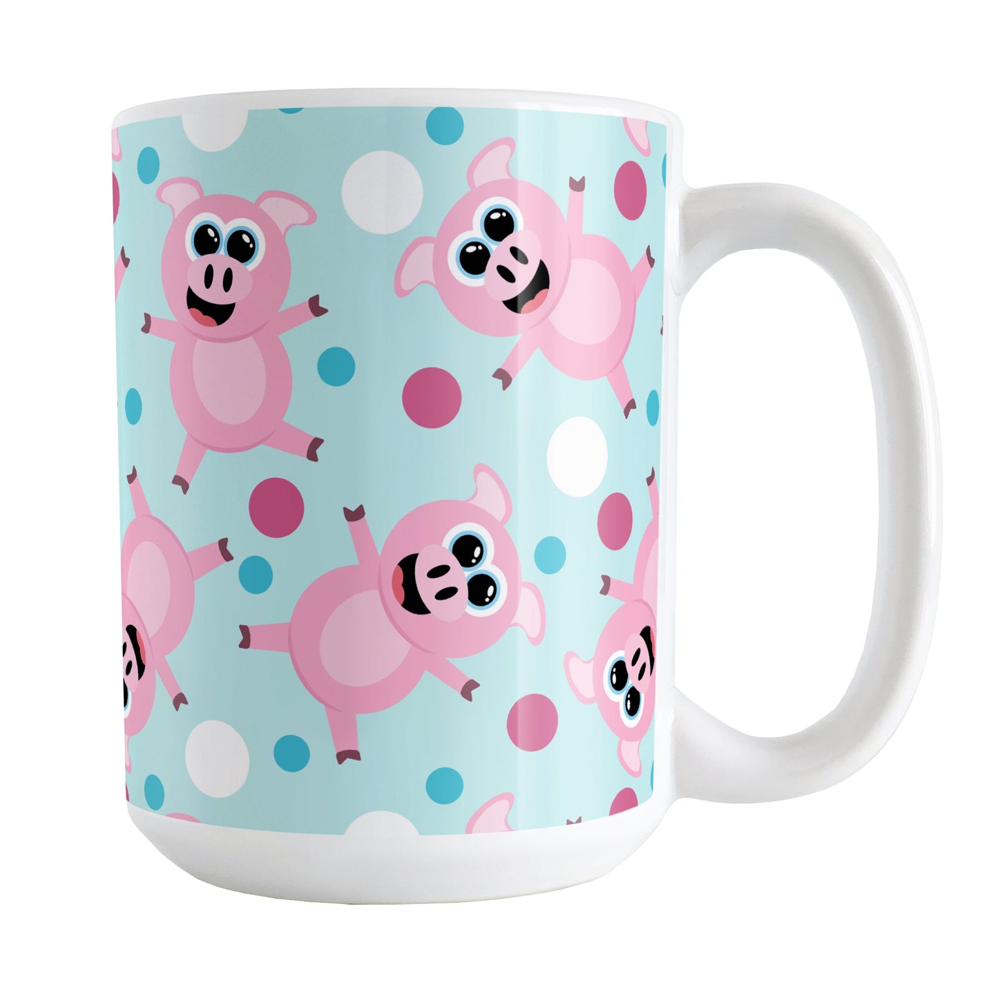 Cute Cartoon Pink Pig Blue Mug (15oz) at Amy's Coffee Mugs. A ceramic coffee mug designed with a pattern of cute and happy pink cartoon pigs with fuchsia pink, white, and blue dots over a light blue background that wraps around the mug up to the handle.