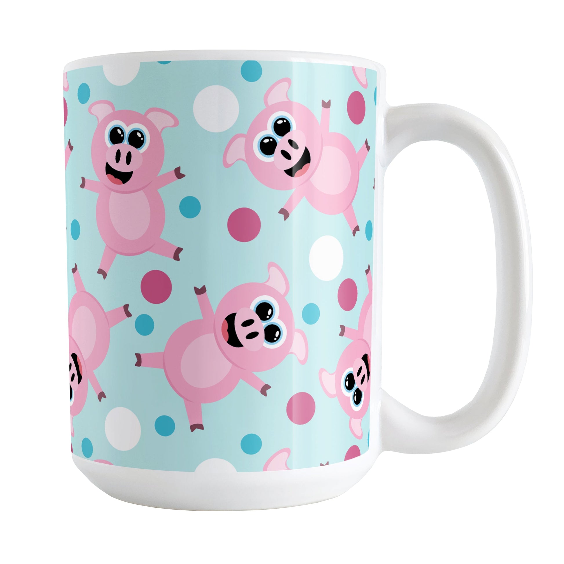Cute Cartoon Pink Pig Blue Mug (15oz) at Amy's Coffee Mugs. A ceramic coffee mug designed with a pattern of cute and happy pink cartoon pigs with fuchsia pink, white, and blue dots over a light blue background that wraps around the mug up to the handle.