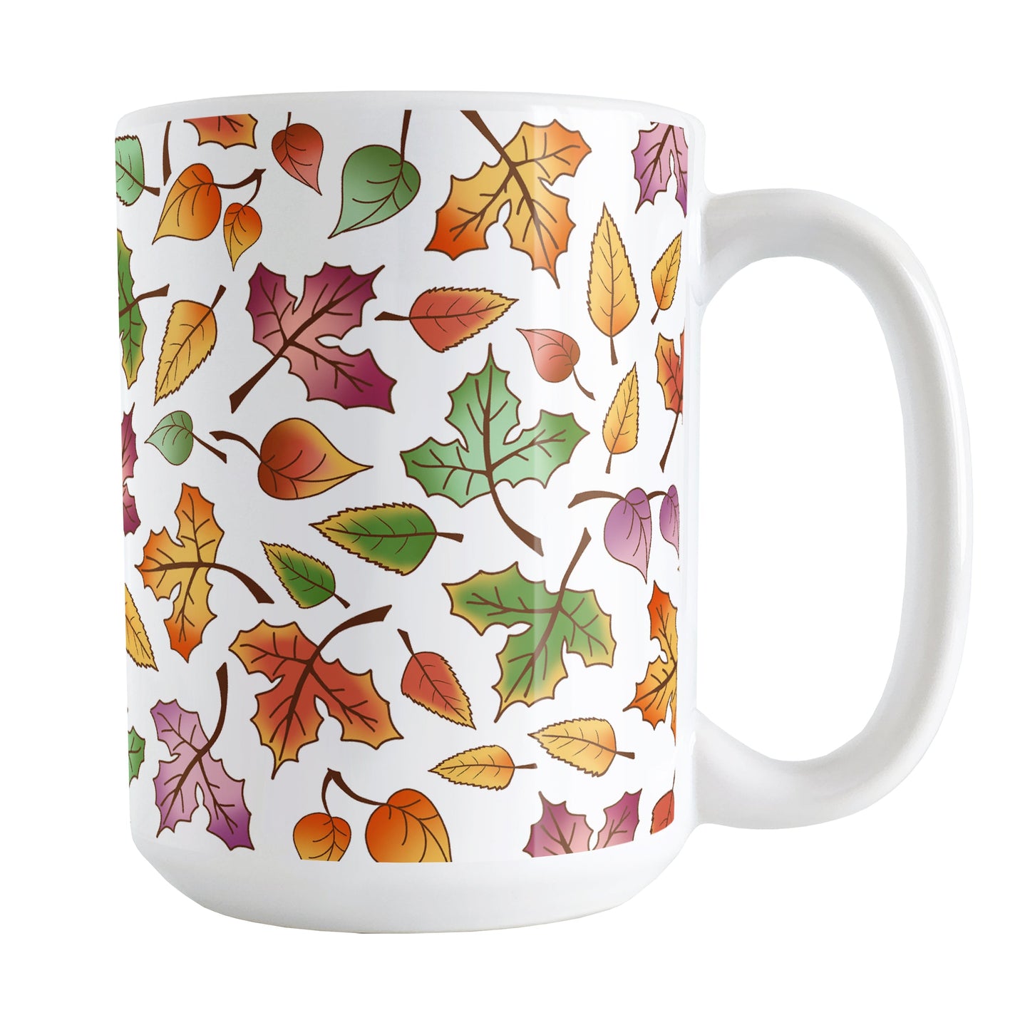Changing Leaves Fall Mug (15oz) at Amy's Coffee Mugs. A ceramic coffee mug designed with a fall themed pattern of leaves changing colors, as they do at the beginning of autumn, that wraps around the mug.