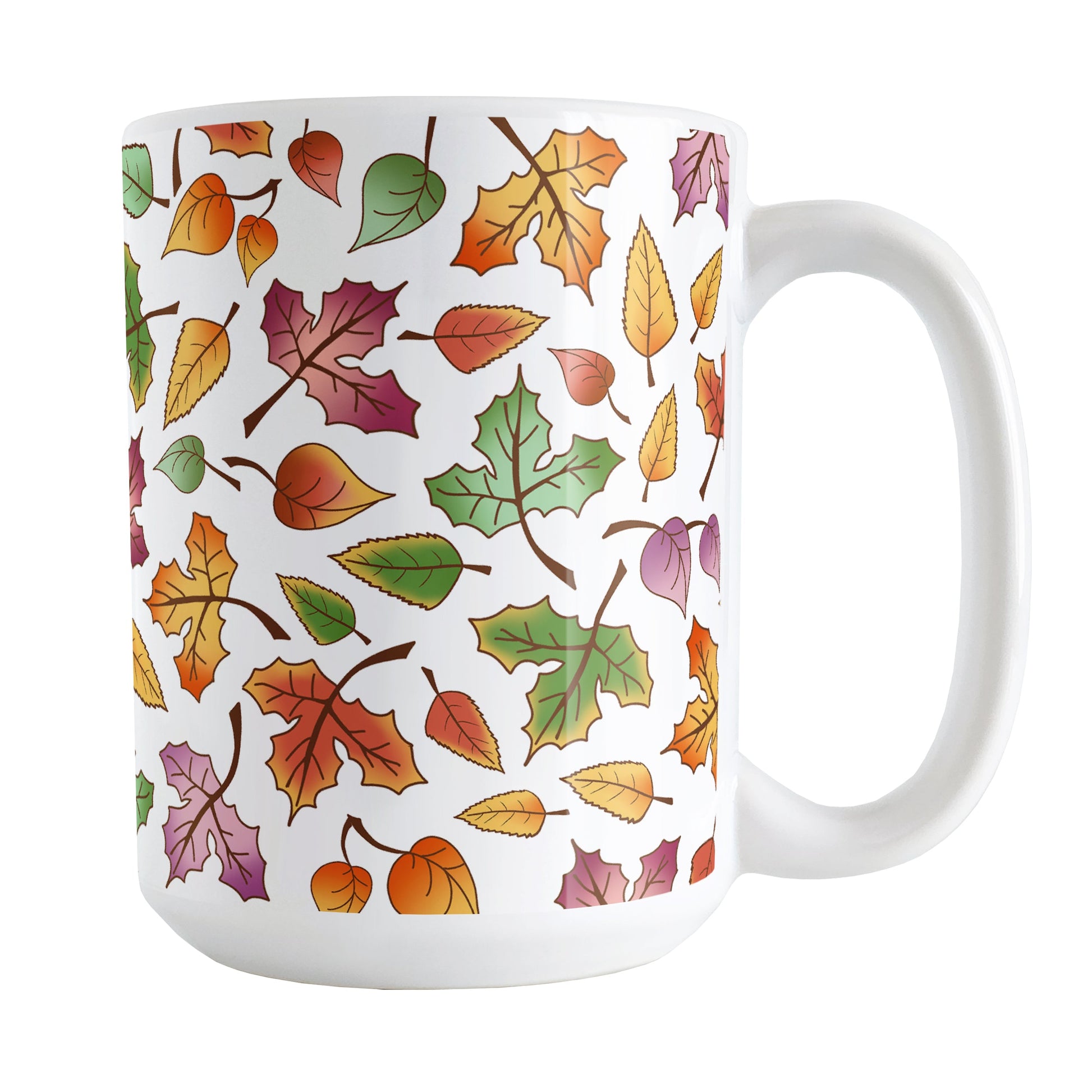 Changing Leaves Fall Mug (15oz) at Amy's Coffee Mugs. A ceramic coffee mug designed with a fall themed pattern of leaves changing colors, as they do at the beginning of autumn, that wraps around the mug.
