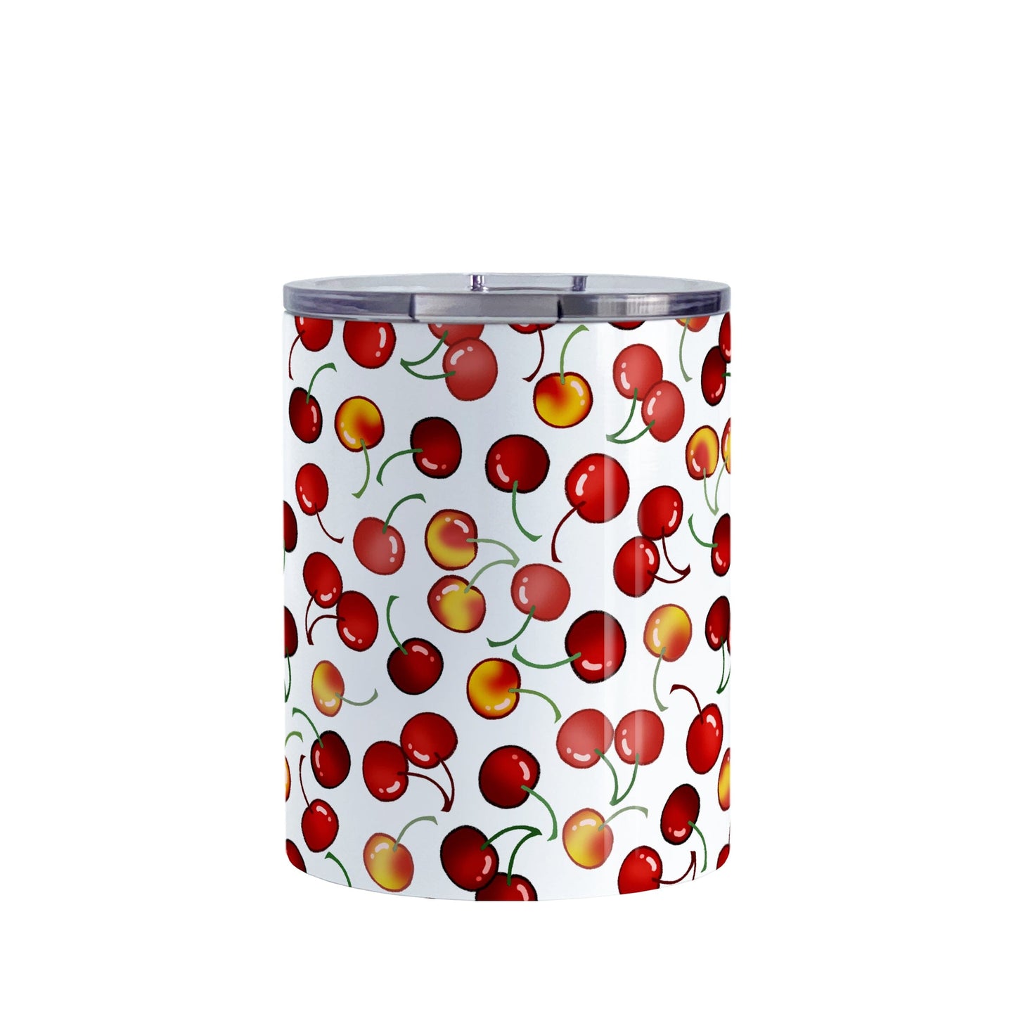 Cherries Tumbler Cup (10oz) at Amy's Coffee Mugs. A stainless steel tumbler cup designed with different types of cherries in a pattern that wraps around the cup.