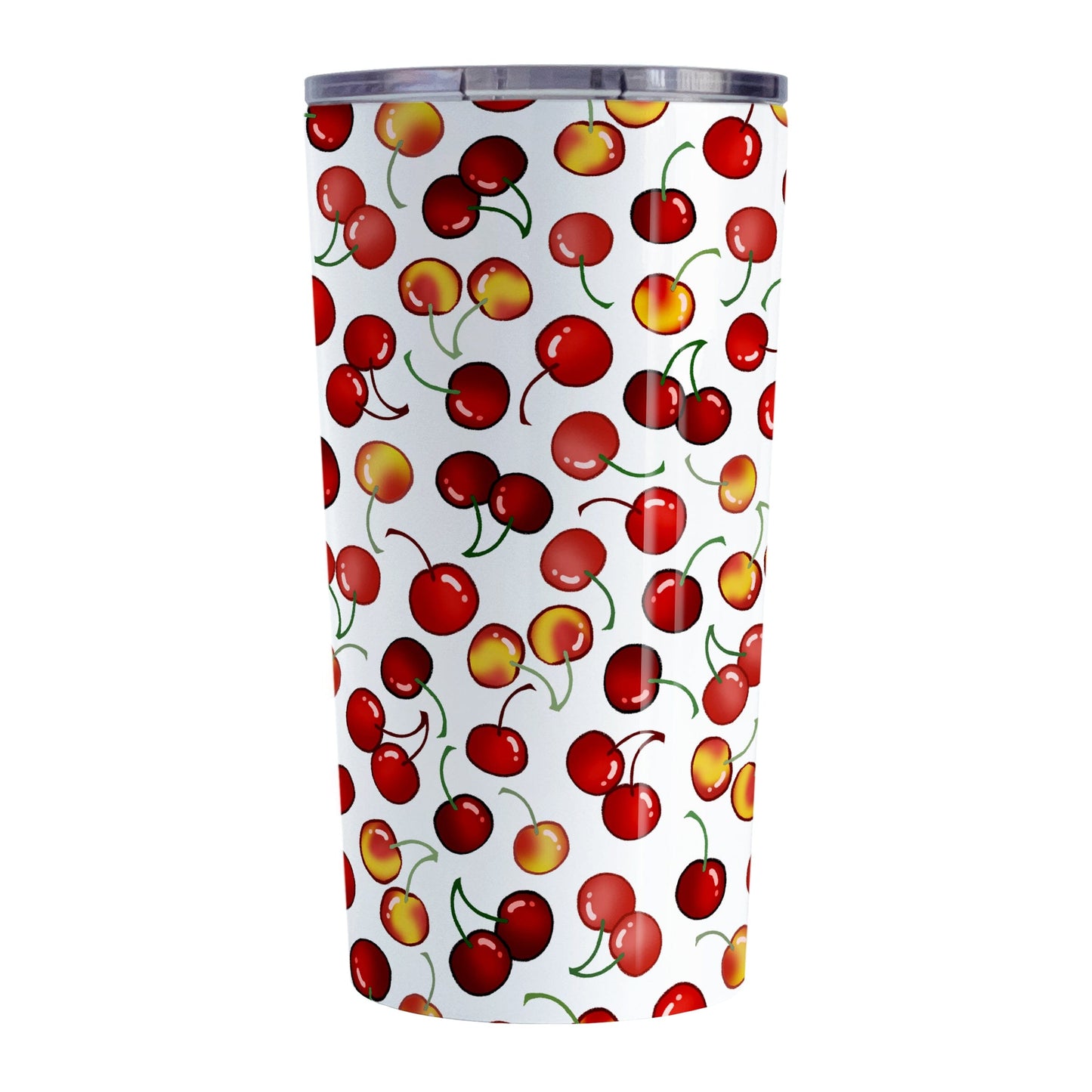 Cherries Tumbler Cup (20oz) at Amy's Coffee Mugs. A stainless steel tumbler cup designed with different types of cherries in a pattern that wraps around the cup.