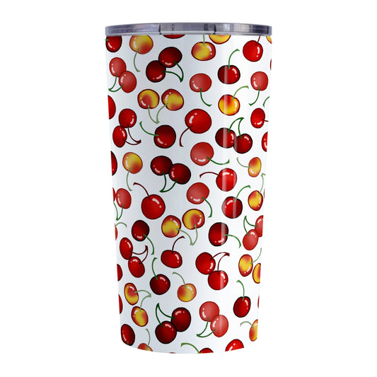Cherries Tumbler Cup (20oz) at Amy's Coffee Mugs. A stainless steel tumbler cup designed with different types of cherries in a pattern that wraps around the cup.