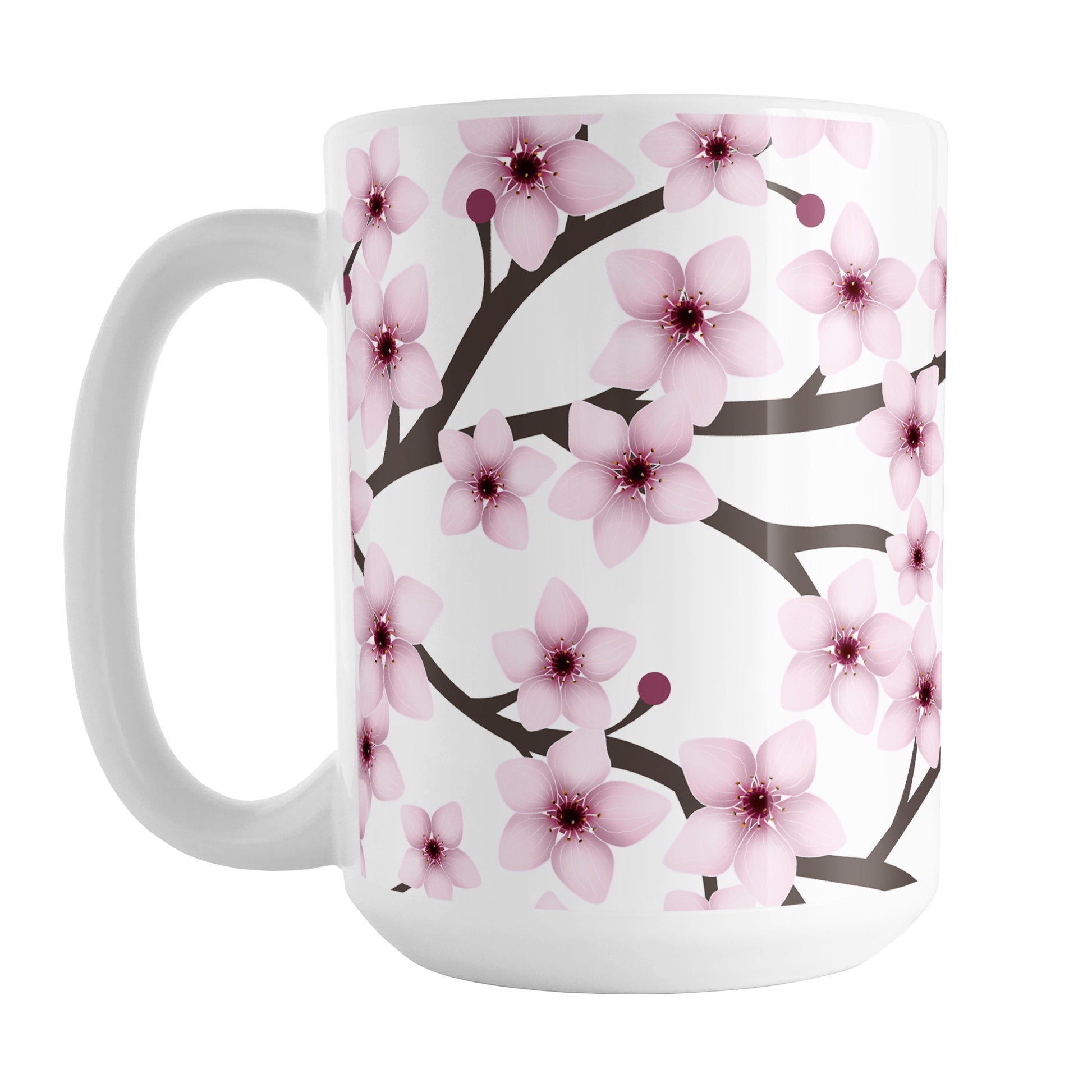 Cherry Blossom Mug (15oz) at Amy's Coffee Mugs. A ceramic coffee mug designed with a pattern of pink cherry blossom flowers on branches that wraps around the mug to the handle.