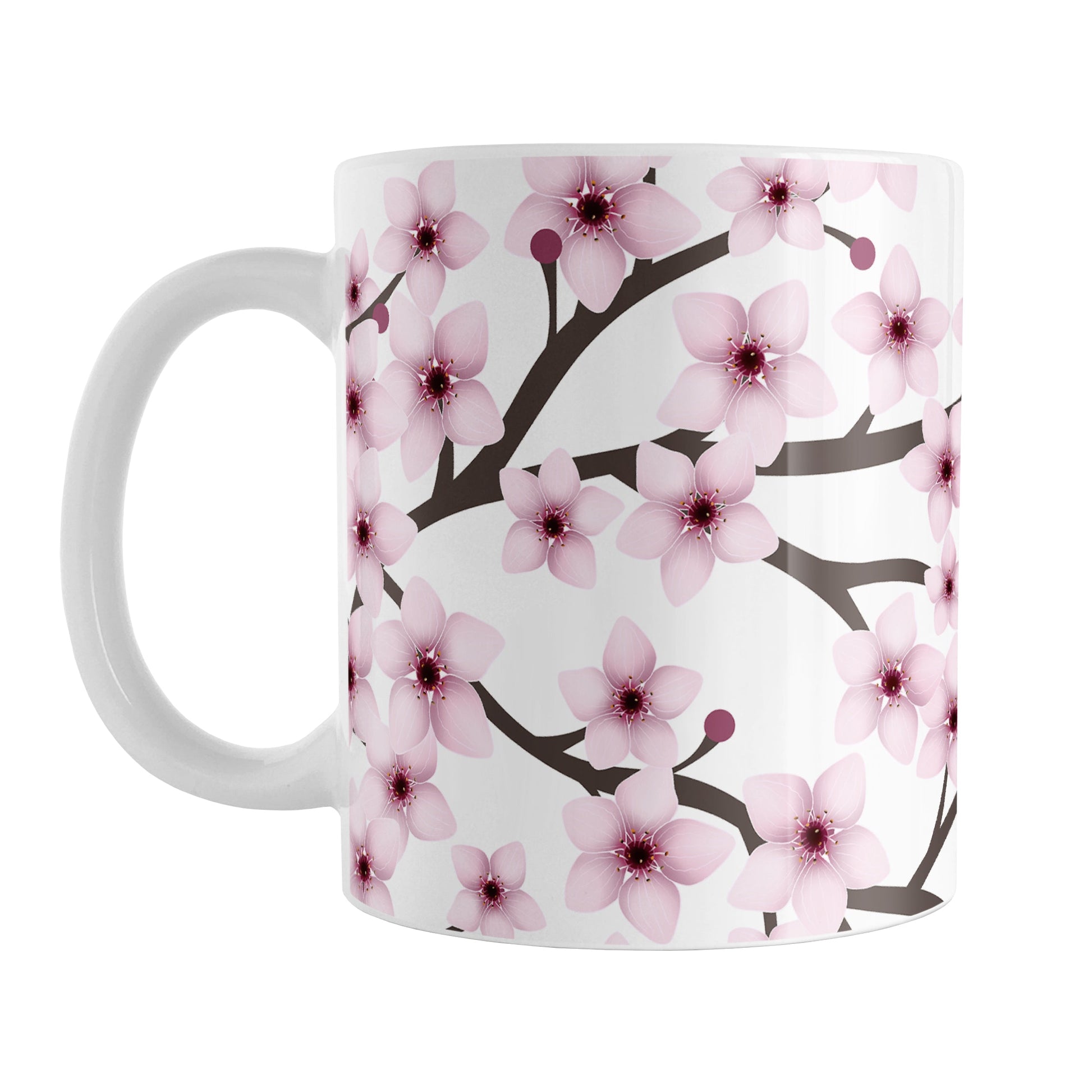 Cherry Blossom Mug (11oz) at Amy's Coffee Mugs. A ceramic coffee mug designed with a pattern of pink cherry blossom flowers on branches that wraps around the mug to the handle.