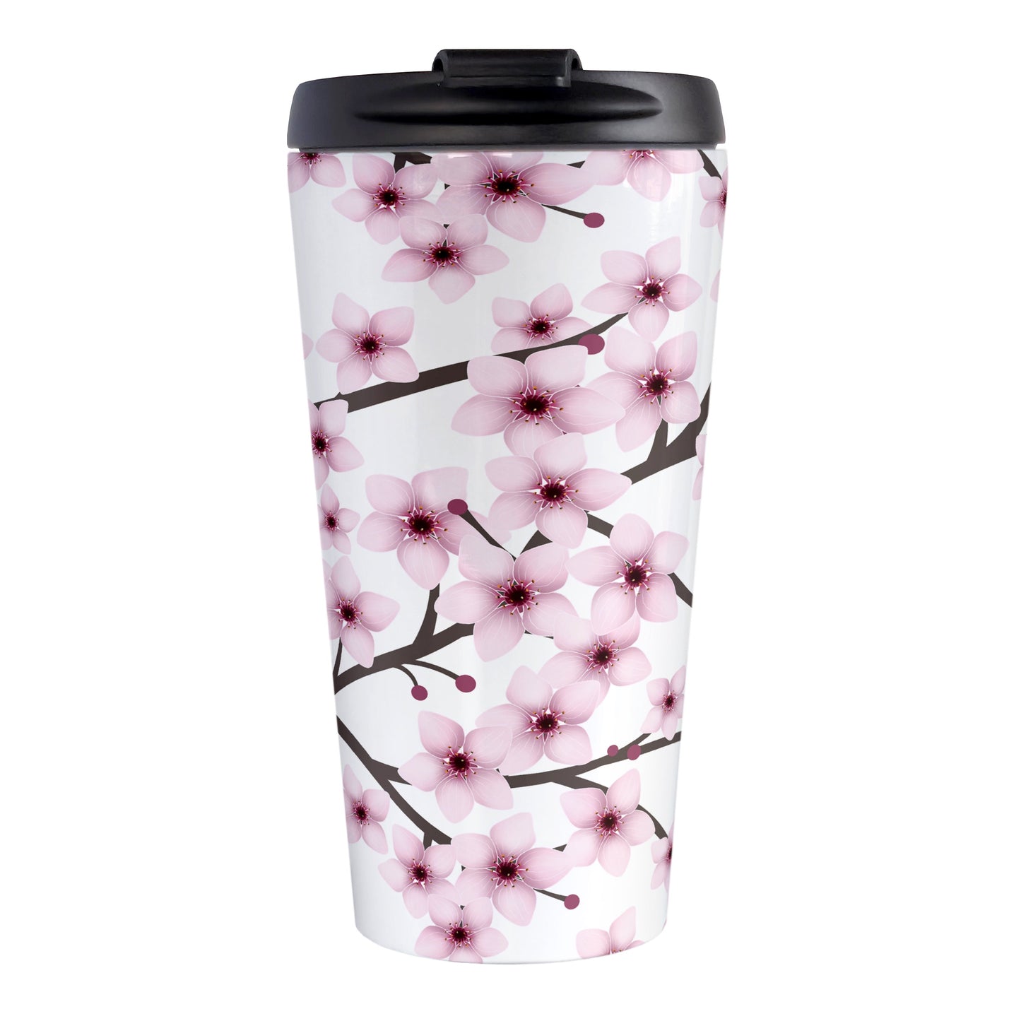 Cherry Blossom Travel Mug (15oz) at Amy's Coffee Mugs. A stainless steel insulated travel mug designed with a pattern of pink cherry blossom flowers on branches that wraps around the travel mug.