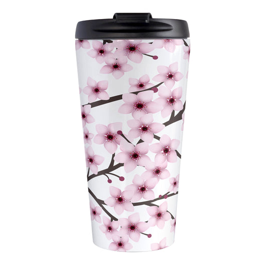 Cherry Blossom Travel Mug (15oz) at Amy's Coffee Mugs. A stainless steel insulated travel mug designed with a pattern of pink cherry blossom flowers on branches that wraps around the travel mug.
