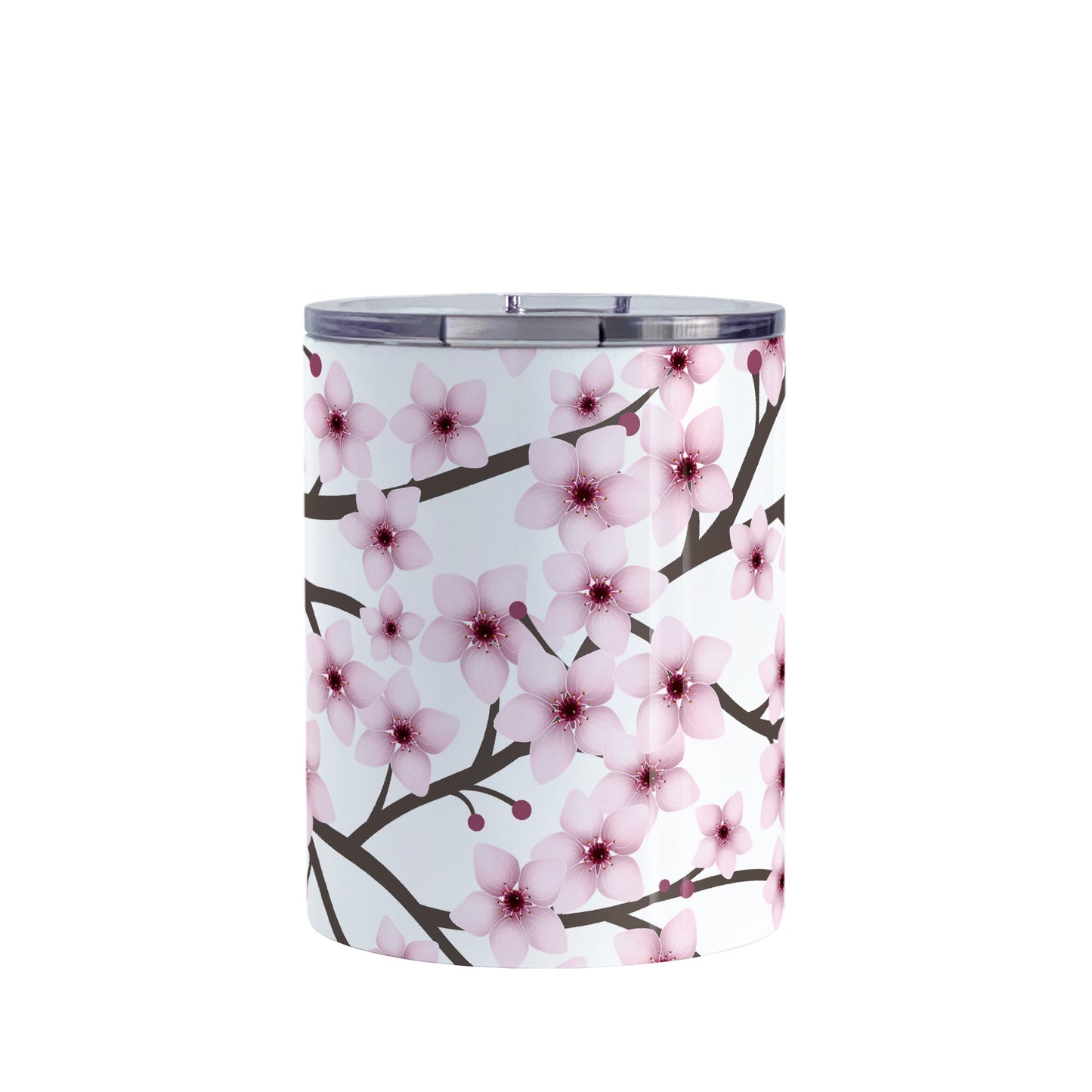 Cherry Blossom Tumbler Cup (10oz) at Amy's Coffee Mugs. A stainless steel insulated tumbler cup designed with a pattern of pink cherry blossom flowers on branches that wraps around the cup.