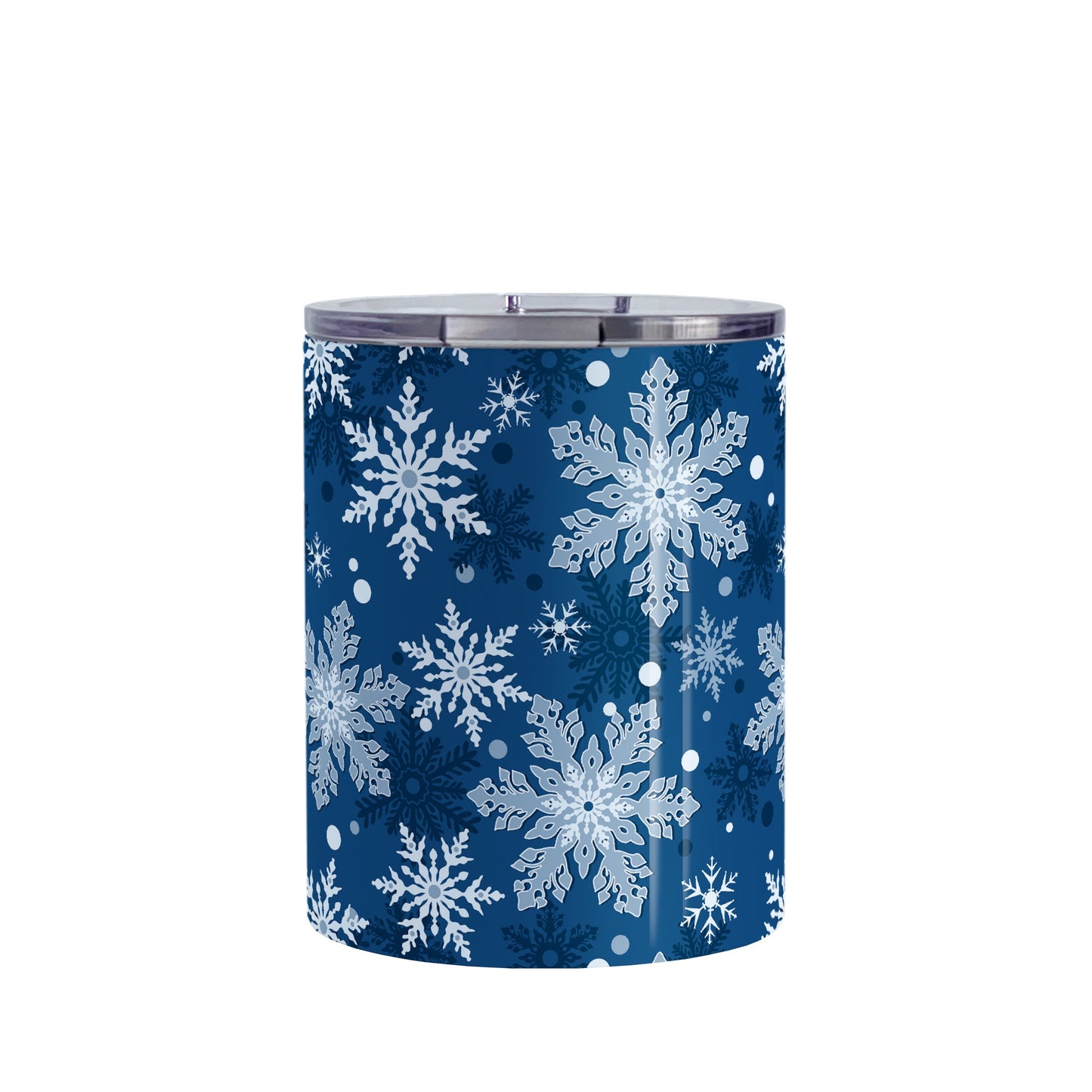 Classic Blue Snowflake Pattern Winter Tumbler Cup (10oz, stainless steel insulated) at Amy's Coffee Mugs. A tumbler cup designed with a pattern of different shades of blue snowflakes over a classic blue background color that wraps around the cup.