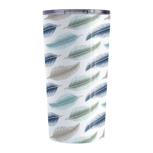 Coastal Feathers Tumbler Cup (20oz) at Amy's Coffee Mugs. A stainless steel tumbler cup designed with a pattern of feathers in a coastal color scheme that wraps around the cup.