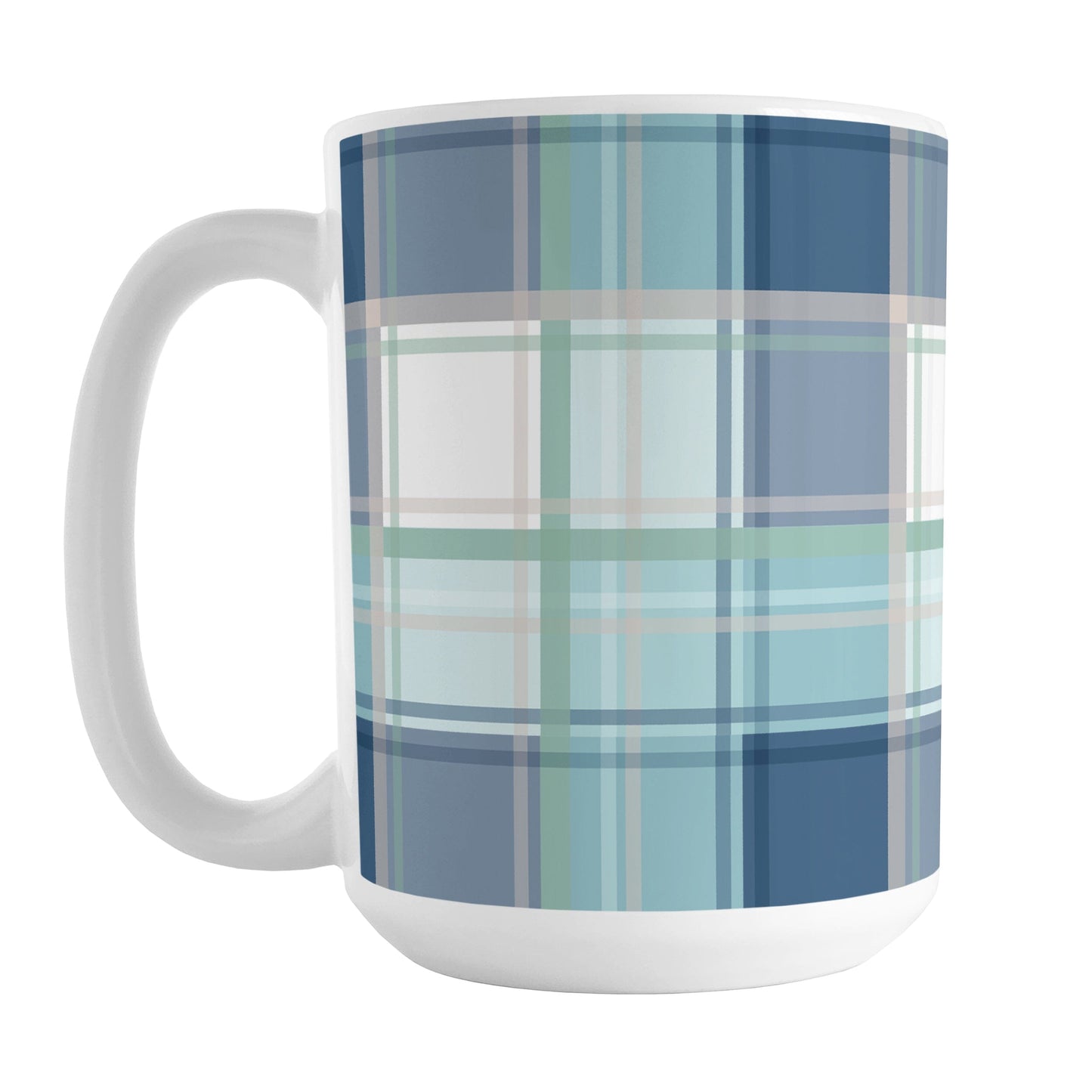 Coastal Plaid Mug (15oz) at Amy's Coffee Mugs. A ceramic coffee mug designed with a plaid pattern in a coastal color scheme that wraps around the mug to the handle. It's the perfect mug for people who love the beach and coastal designs in navy blue, light blue, sandy beige, and green.