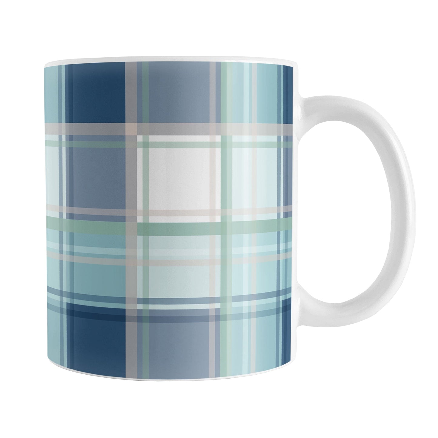 Coastal Plaid Mug (11oz) at Amy's Coffee Mugs. A ceramic coffee mug designed with a plaid pattern in a coastal color scheme that wraps around the mug to the handle. It's the perfect mug for people who love the beach and coastal designs in navy blue, light blue, sandy beige, and green.