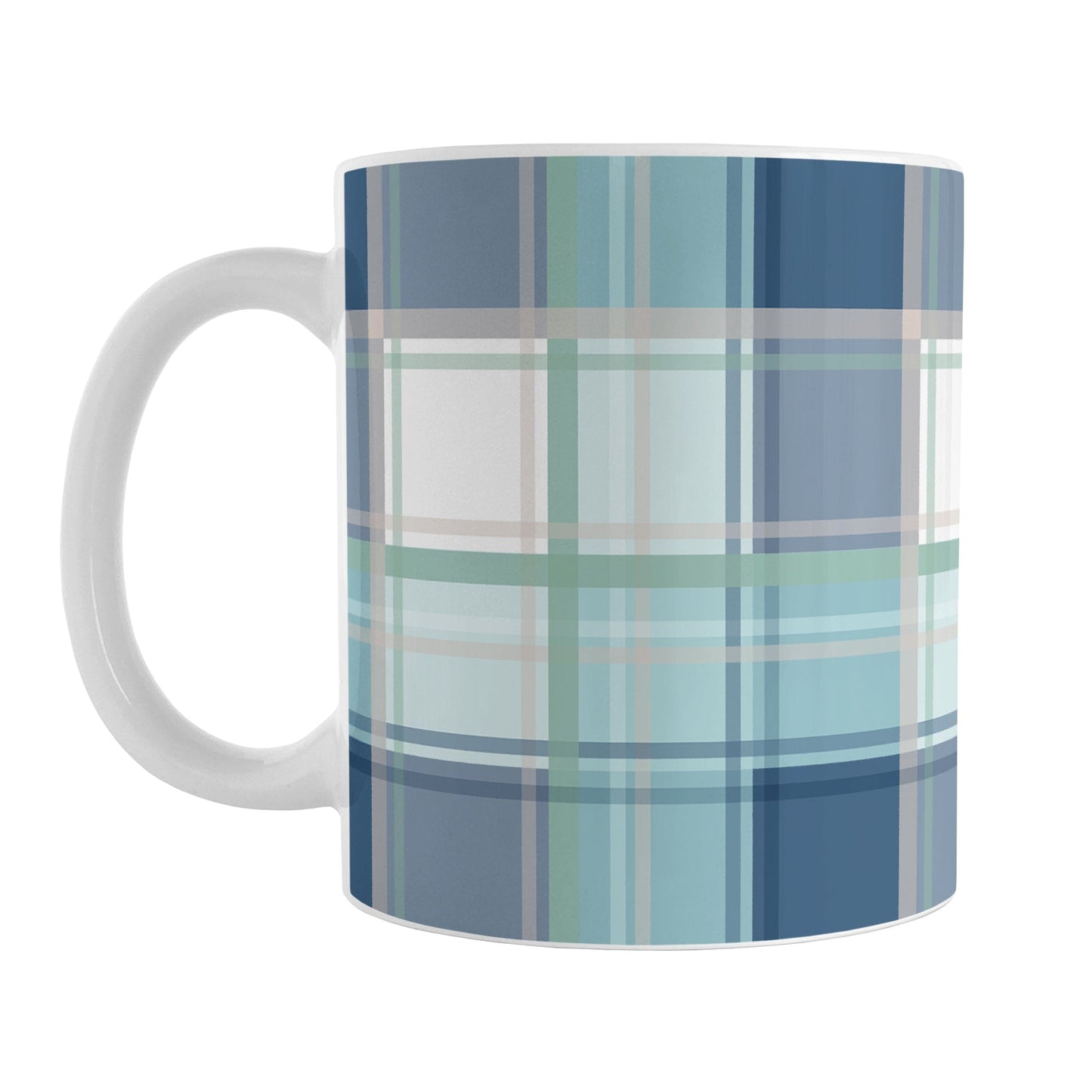 Coastal Plaid Mug (11oz) at Amy's Coffee Mugs. A ceramic coffee mug designed with a plaid pattern in a coastal color scheme that wraps around the mug to the handle. It's the perfect mug for people who love the beach and coastal designs in navy blue, light blue, sandy beige, and green.