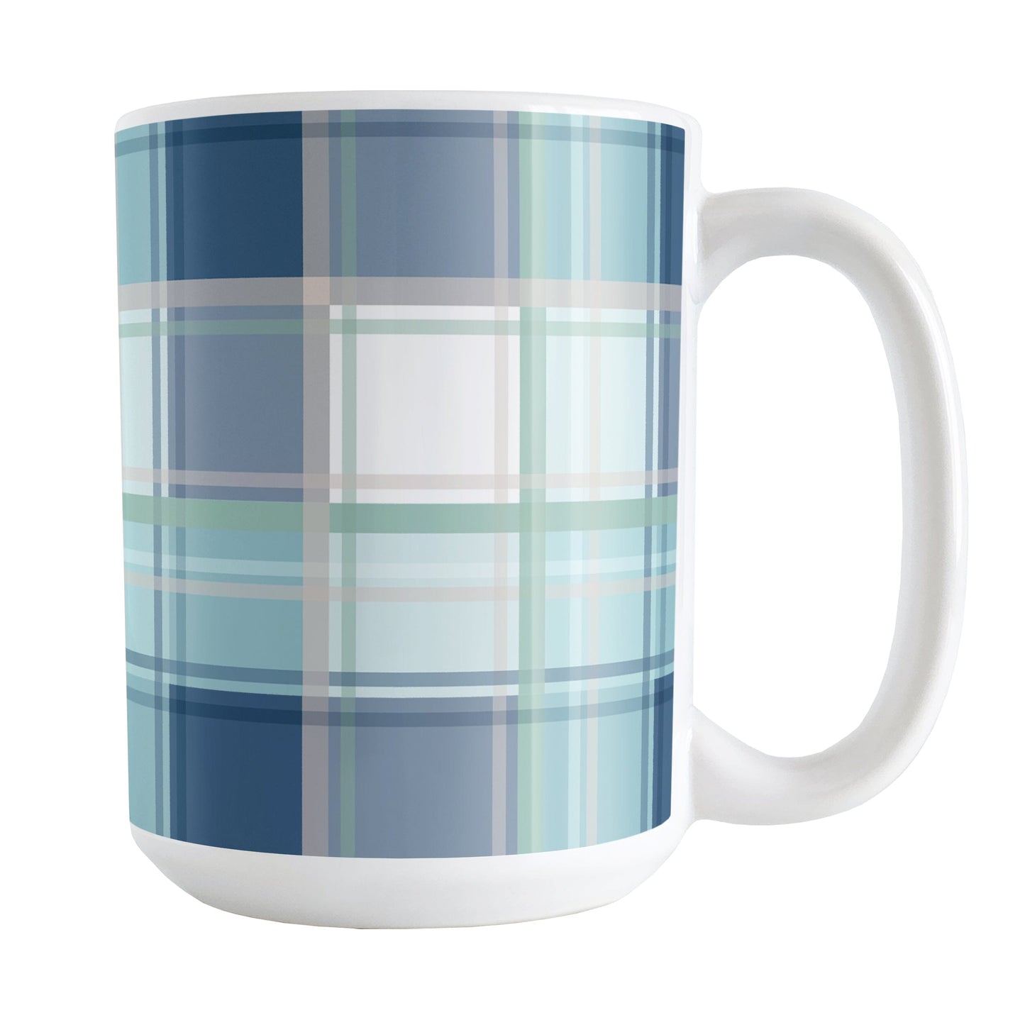 Coastal Plaid Mug (15oz) at Amy's Coffee Mugs. A ceramic coffee mug designed with a plaid pattern in a coastal color scheme that wraps around the mug to the handle. It's the perfect mug for people who love the beach and coastal designs in navy blue, light blue, sandy beige, and green.