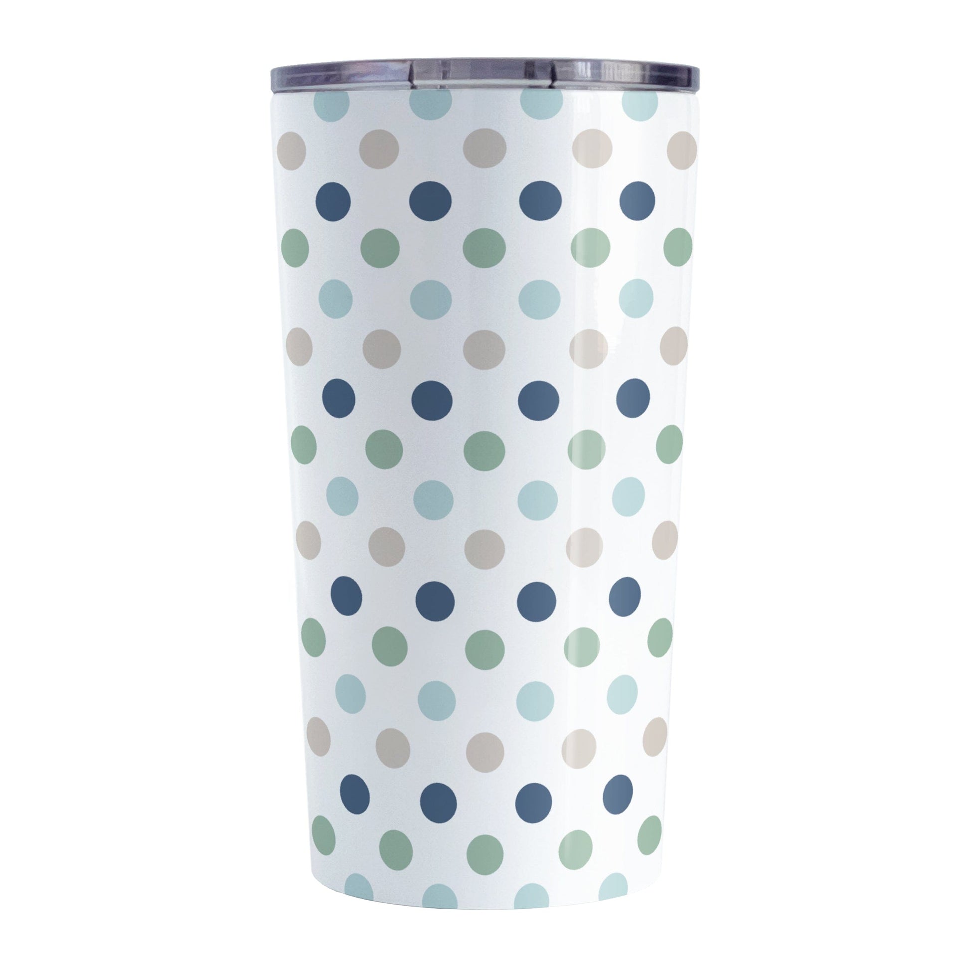 Coastal Polka Dots Tumbler Cup (20oz) at Amy's Coffee Mugs. A stainless steel tumbler cup designed with a pattern of polka dots in a coastal color scheme that wraps around the cup.