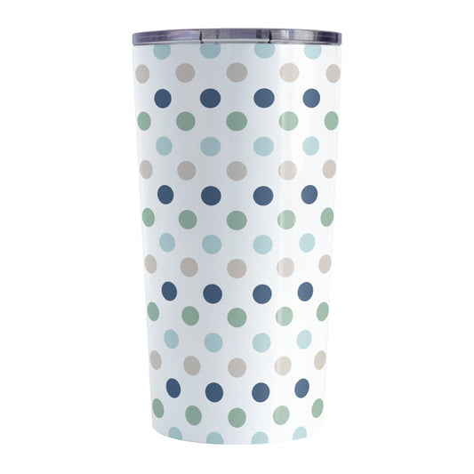 Coastal Polka Dots Tumbler Cup (20oz) at Amy's Coffee Mugs. A stainless steel tumbler cup designed with a pattern of polka dots in a coastal color scheme that wraps around the cup.
