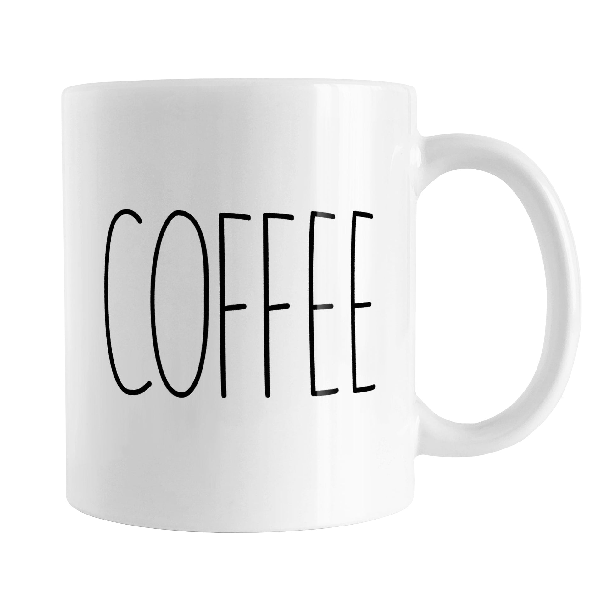 Coffee Coffee Mug (11oz) at Amy's Coffee Mugs. A ceramic coffee mug with a minimalist word design, featuring the word "COFFEE" in black, utilizing a tall, thin-line font on both sides of the mug.