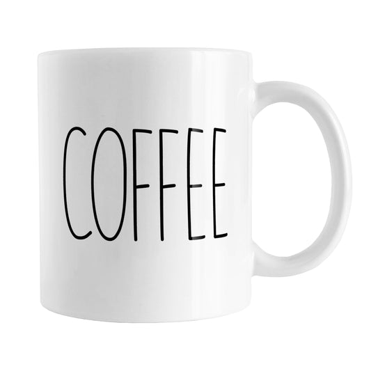 Coffee Coffee Mug (11oz) at Amy's Coffee Mugs. A ceramic coffee mug with a minimalist word design, featuring the word "COFFEE" in black, utilizing a tall, thin-line font on both sides of the mug.