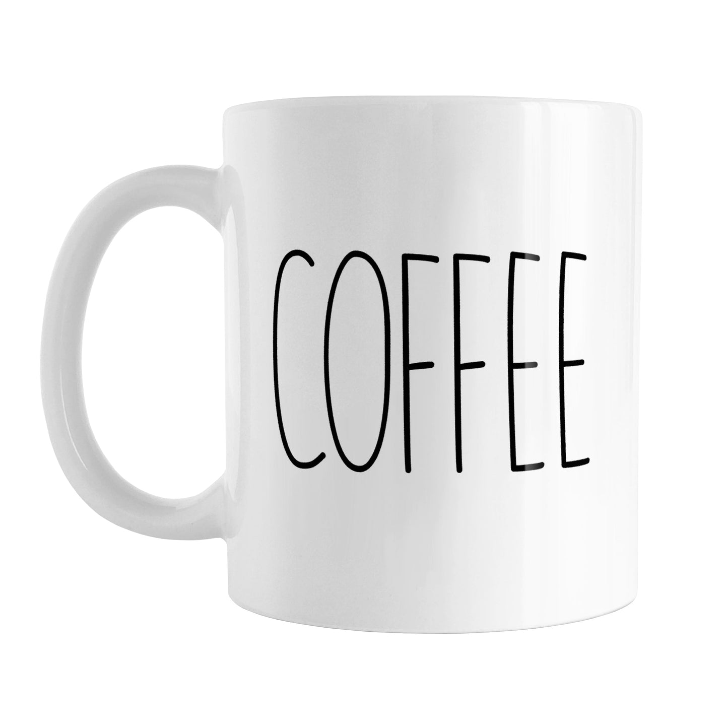 Coffee Coffee Mug (11oz) at Amy's Coffee Mugs. A ceramic coffee mug with a minimalist word design, featuring the word "COFFEE" in black, utilizing a tall, thin-line font on both sides of the mug.