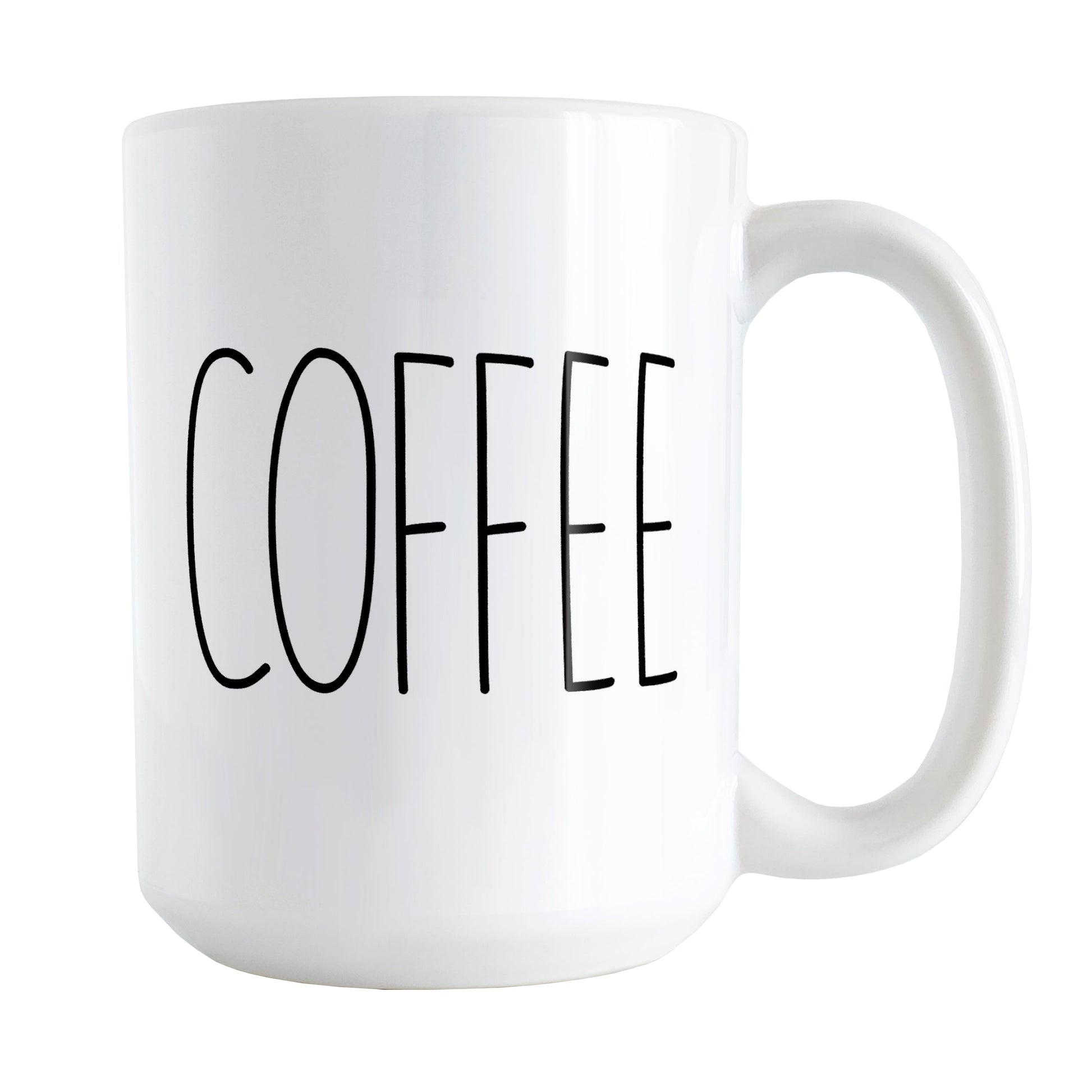 Coffee Coffee Mug (15oz) at Amy's Coffee Mugs. A ceramic coffee mug with a minimalist word design, featuring the word "COFFEE" in black, utilizing a tall, thin-line font on both sides of the mug.
